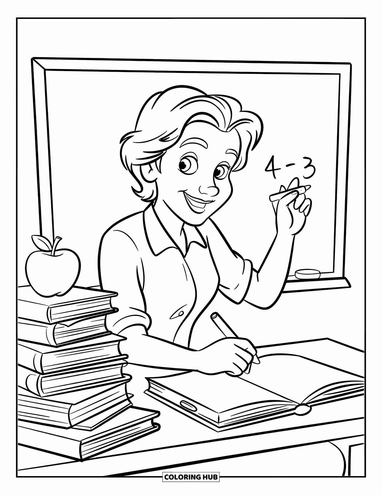 Lehrer Ausmalbild für Kinder: Eine herzliche Lehrerin lächelt, während sie in der Nähe von Büchern und einem glänzenden Apfel auf die Tafel schreibt
