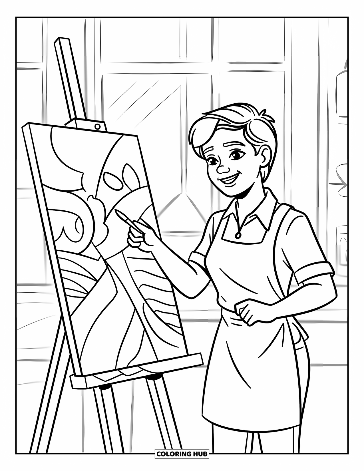 Lehrer Ausmalbild für Kinder: Ein Kunstlehrer zeigt auf das Gemälde eines Schülers in der Nähe eines Fensters voller Formen und Energie