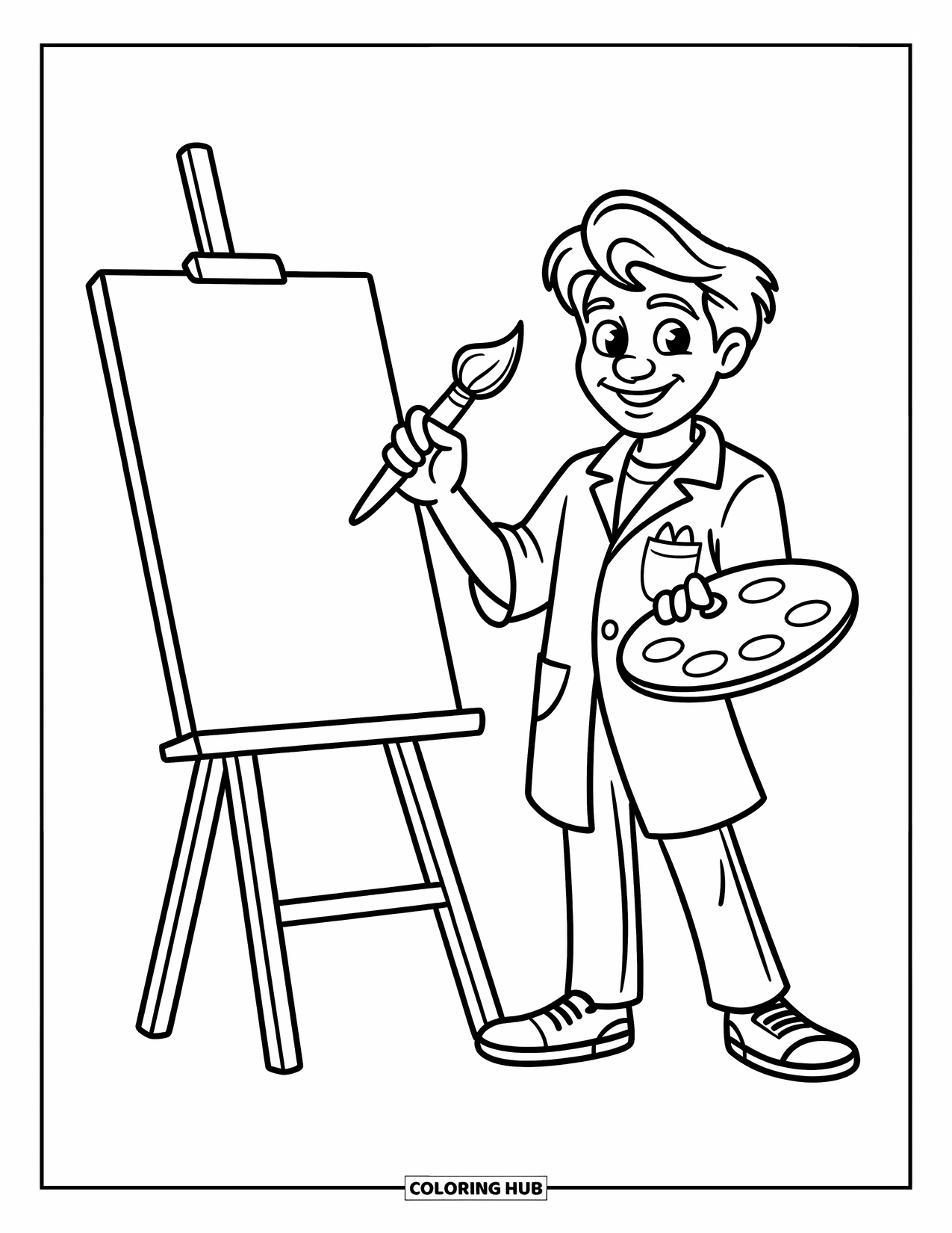 Lehrer Ausmalbild für Kinder: Ein Kunstlehrer posiert mit Pinsel und Palette in der Nähe einer Staffelei, bereit, junge Künstler zu inspirieren