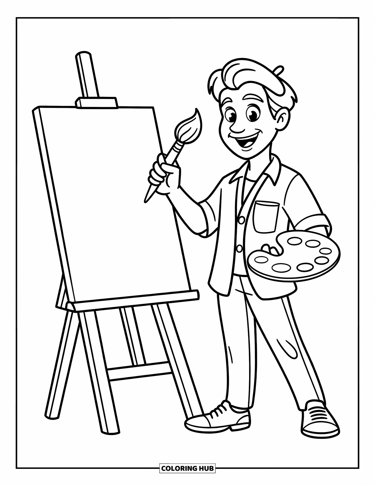 Lehrer Ausmalbild für Kinder: Eine Kunstlehrerin lächelt, während sie einen Pinsel und eine Palette neben einer leeren Leinwand auf einer Staffelei hält