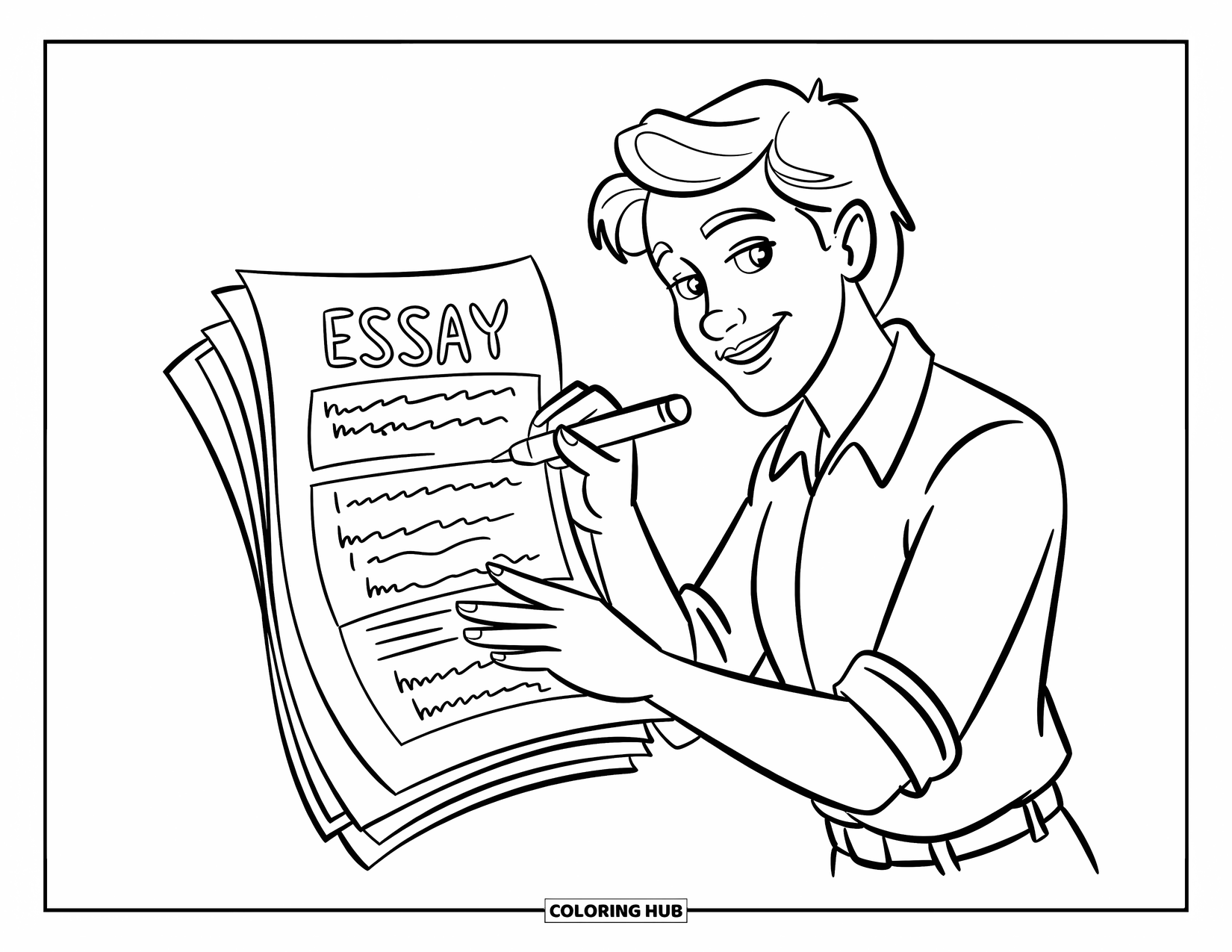 Lehrer Ausmalbild für Kinder: Ein ausdrucksstarker Lehrer gibt Feedback zu einem offenen Notizbuch, mit lebhaften Linien und gekritzelten Details