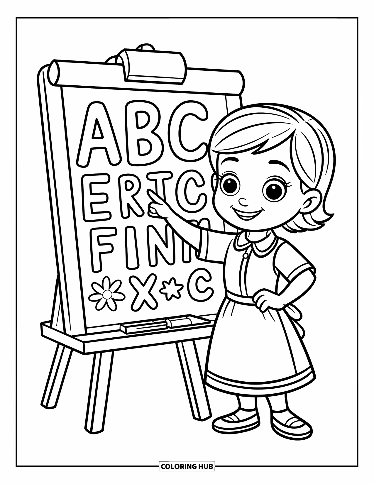 Lehrer Ausmalbild für Kinder: Süßer Lehrer, der auf ABC-Buchstaben auf einer großen Staffelei zeigt