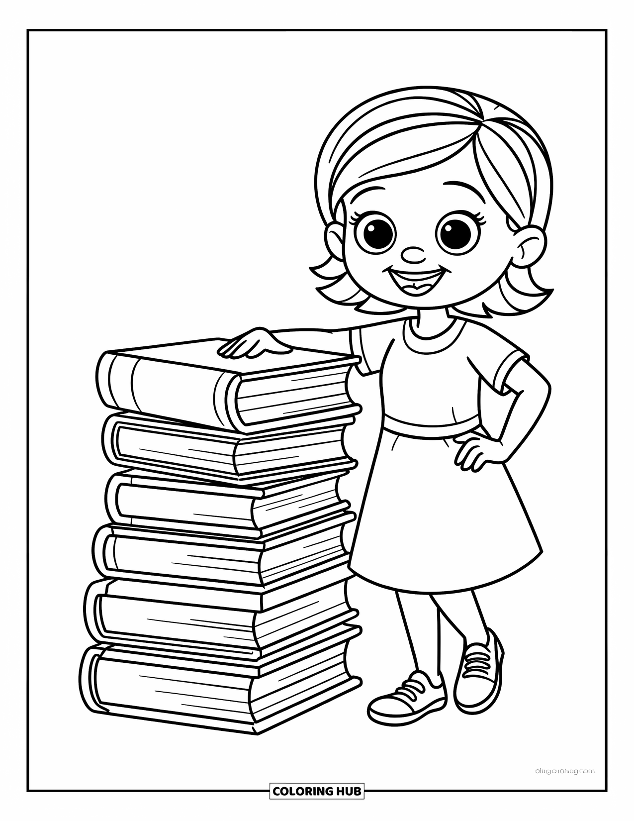 Lehrer Ausmalbild für Kinder: Süße Lehrerin, die mit einem verspielten Lächeln neben einem hohen Bücherstapel steht