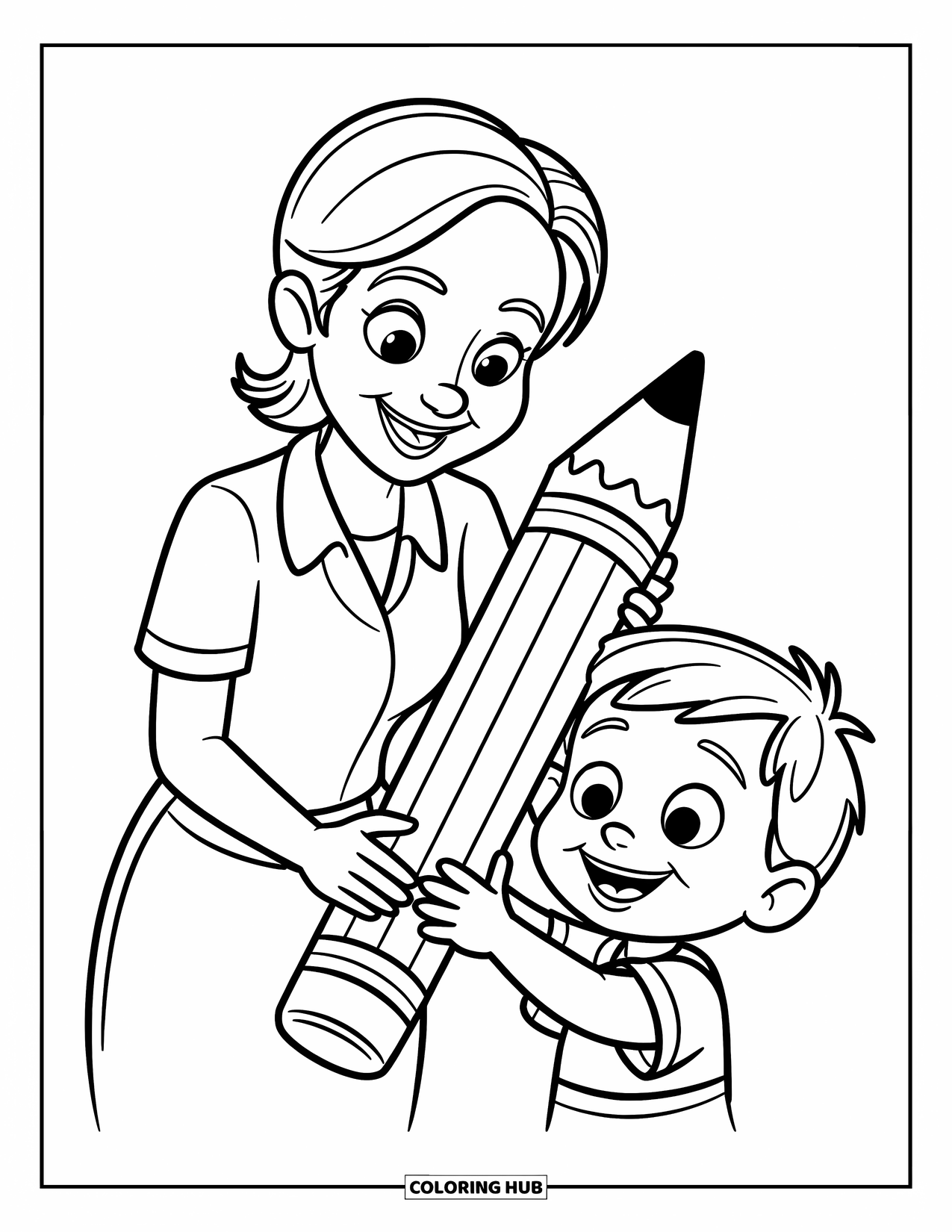 Lehrer Ausmalbild für Kinder: Fröhliche Lehrerin, die einem aufgeregten Kind einen riesigen Bleistift gibt