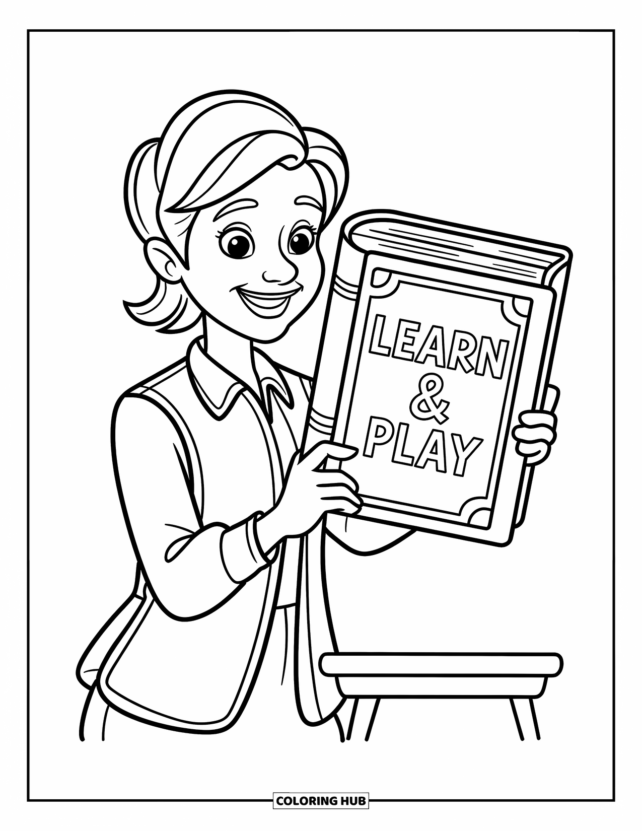 Lehrer Ausmalbild für Kinder: Fröhliche Lehrerin, die ein großes Buch mit der Aufschrift „LERNEN & SPIELEN“ hält