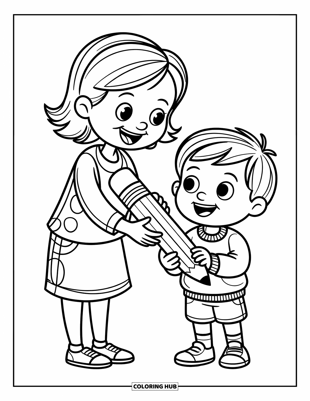 Lehrer Ausmalbild für Kinder: Fröhliche Lehrerin, die einem neugierigen Kind einen großen Bleistift anbietet