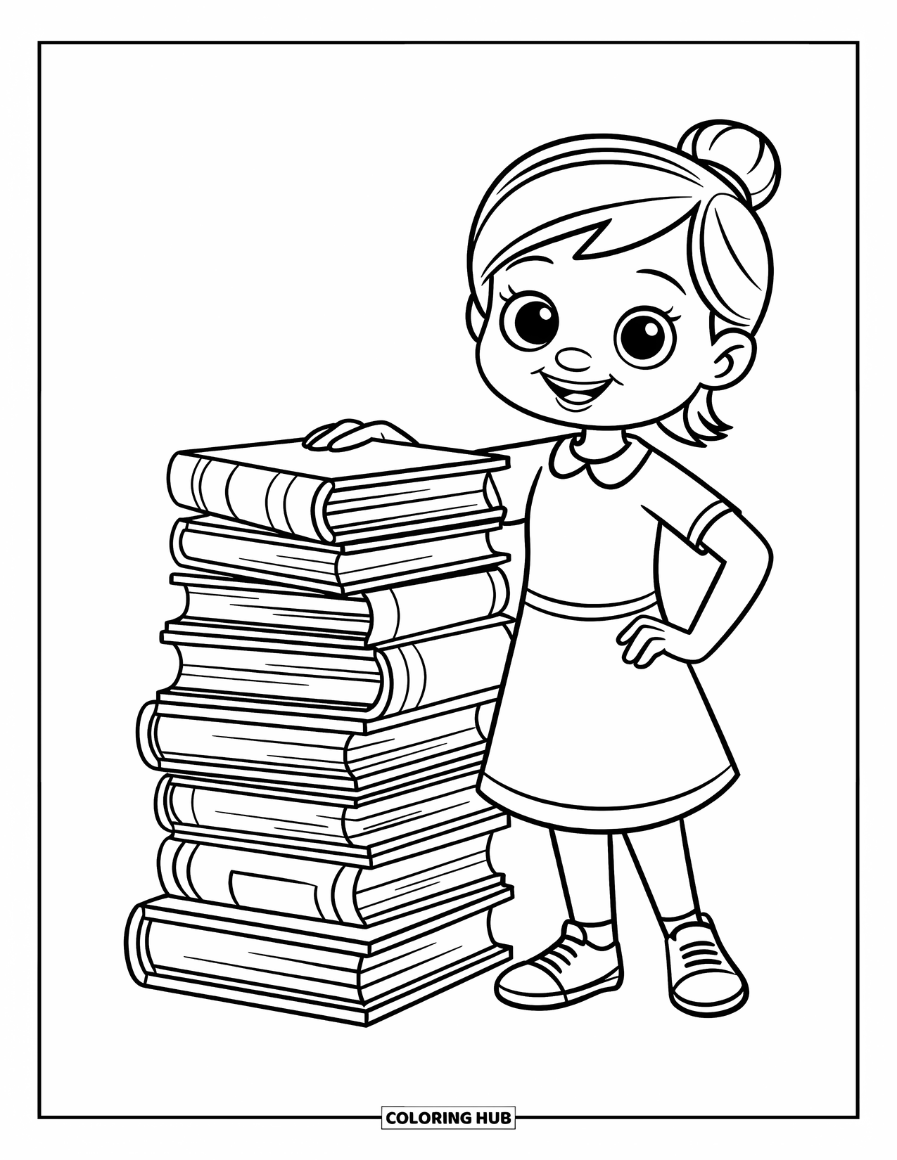 Lehrer Ausmalbild für Kinder: Lächelnde Lehrerin neben übergroßen Büchern mit den Händen in den Hüften