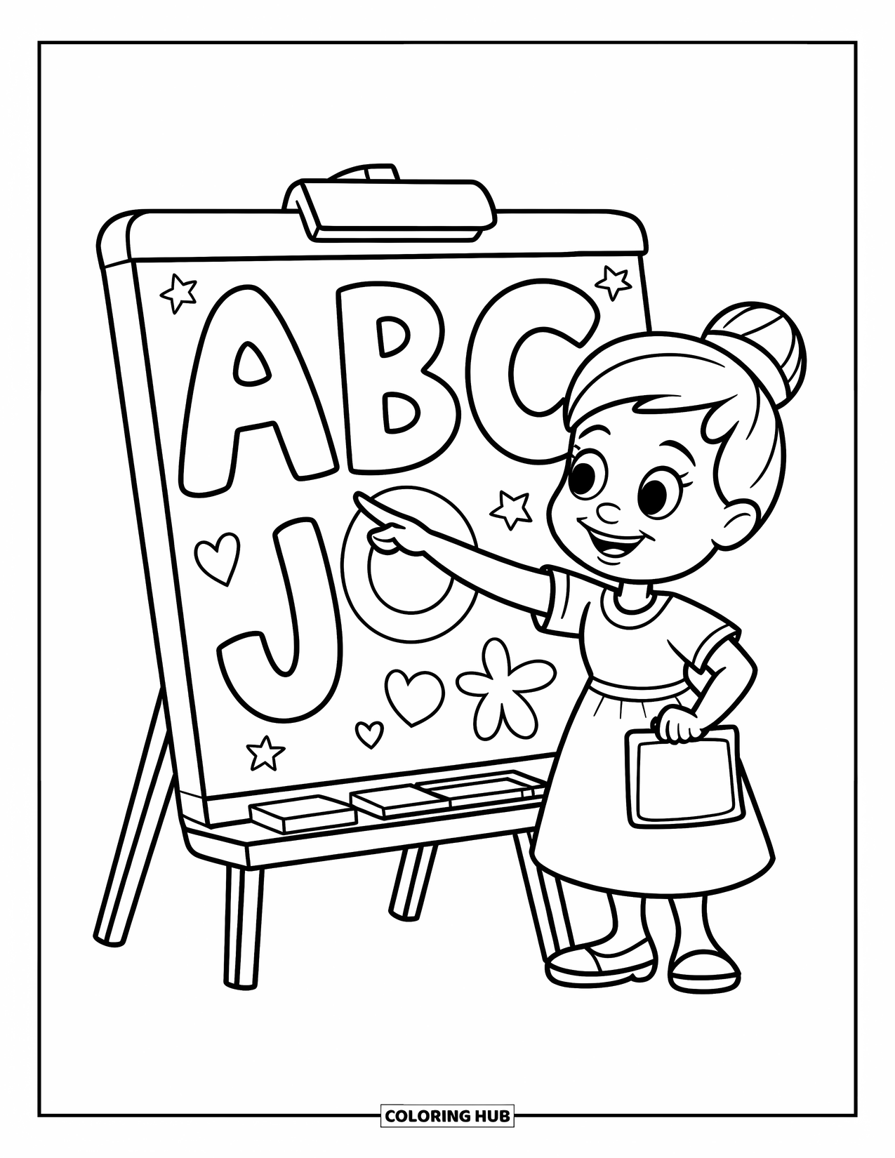 Lehrer Ausmalbild für Kinder: Lächelnde Lehrerin, die auf ABC-Buchstaben mit Sternen und Herzen zeigt