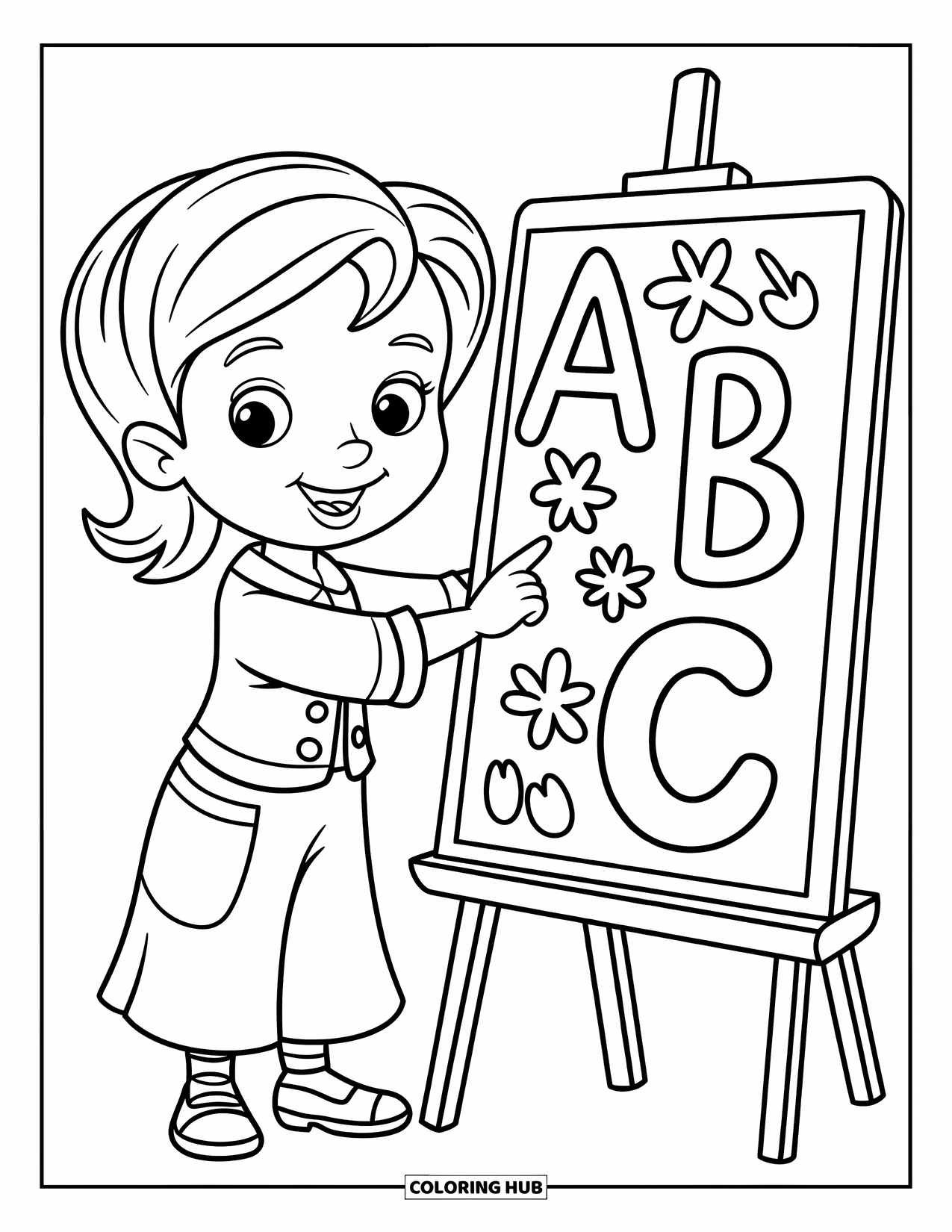 Lehrer Ausmalbild für Kinder: Lächelnder Lehrer, der auf ABC mit Sternen und Blumen drumherum zeigt