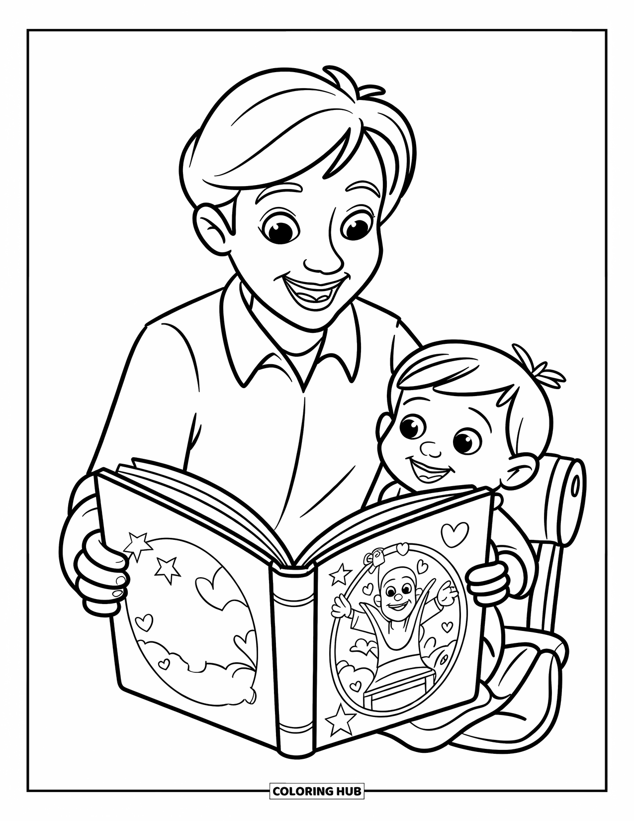 Lehrer Ausmalbild für Kinder: Lächelnde Lehrerin liest ein Bilderbuch vor, während ein neugieriges Kind zuhört