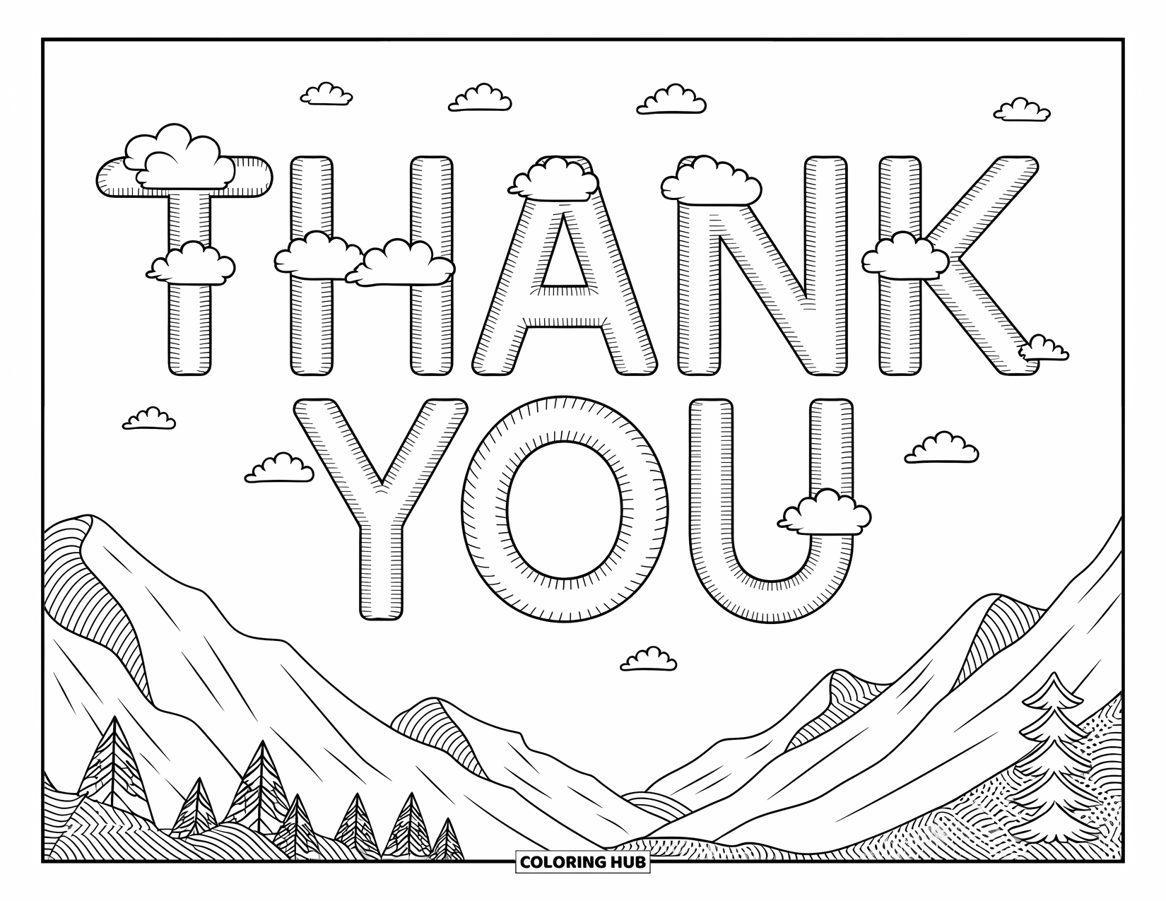 Thank You Coloring Page for Adults: A calm mountain view features "Thank You" written in clouds above patterned, scenic details