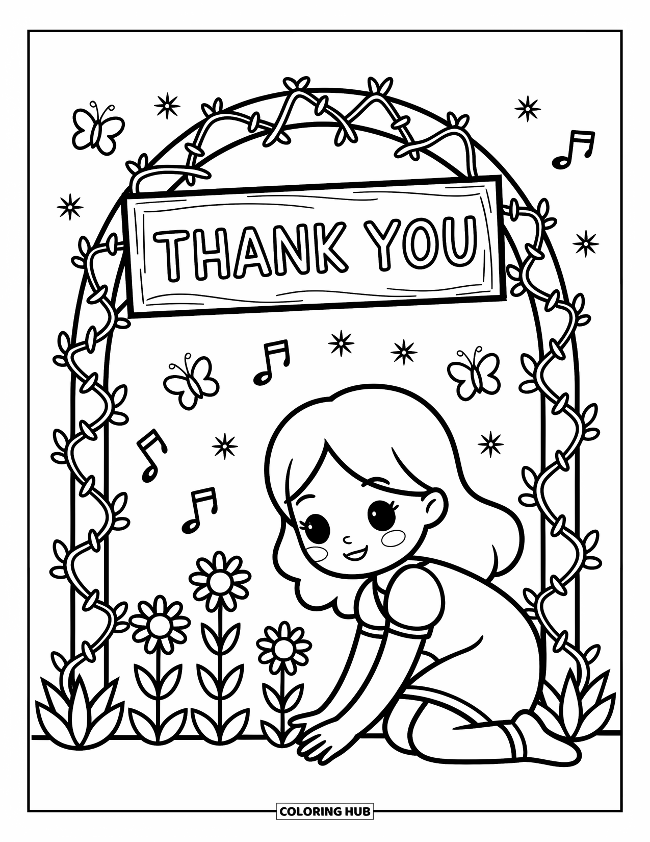 Thank You Coloring Page for Adults: A cheerful girl plants flowers beside a garden arch surrounded by butterflies and music notes