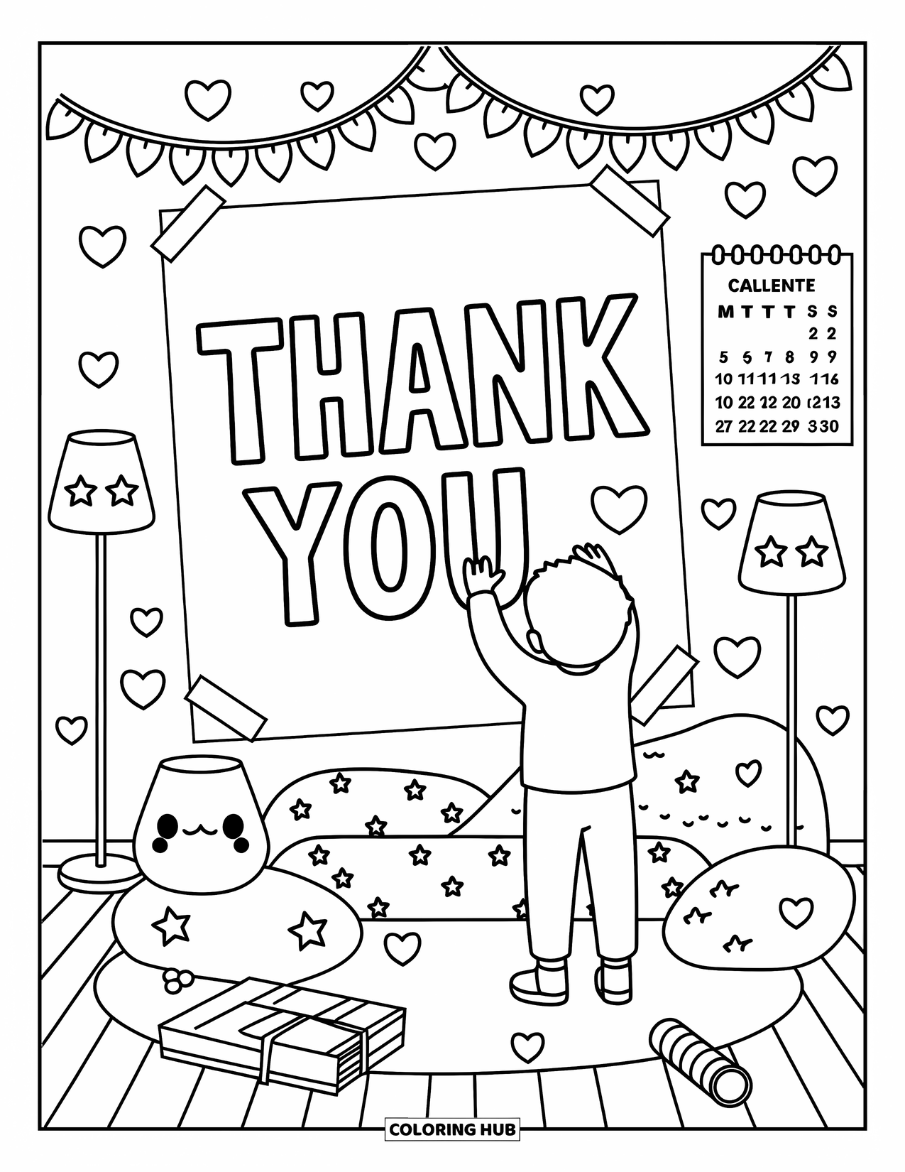 Thank You Coloring Page for Adults: A child tapes a big "Thank You" poster to the wall in a cozy bedroom