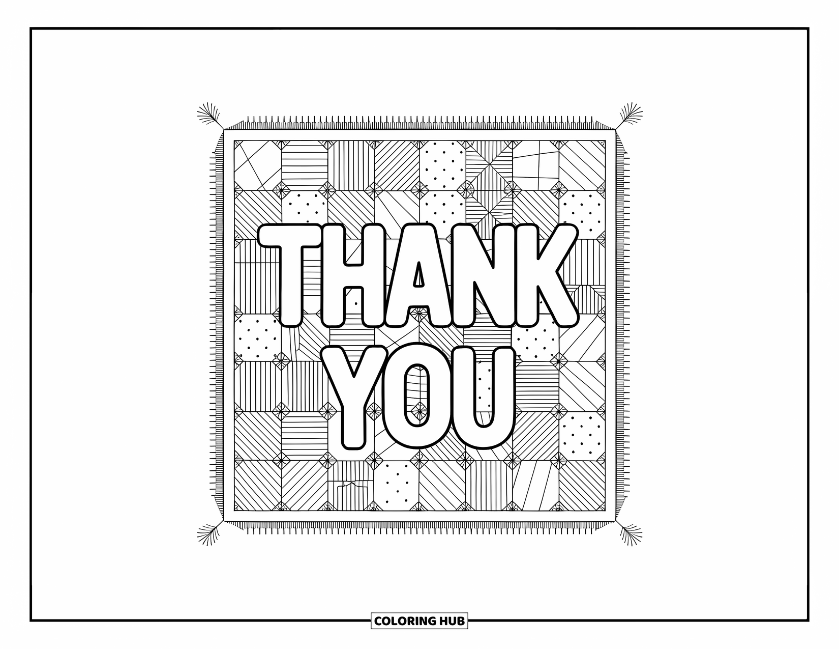 Thank You Coloring Page for Adults: A cozy quilt filled with patterns and "Thank You" stitching is bordered by delicate decorations