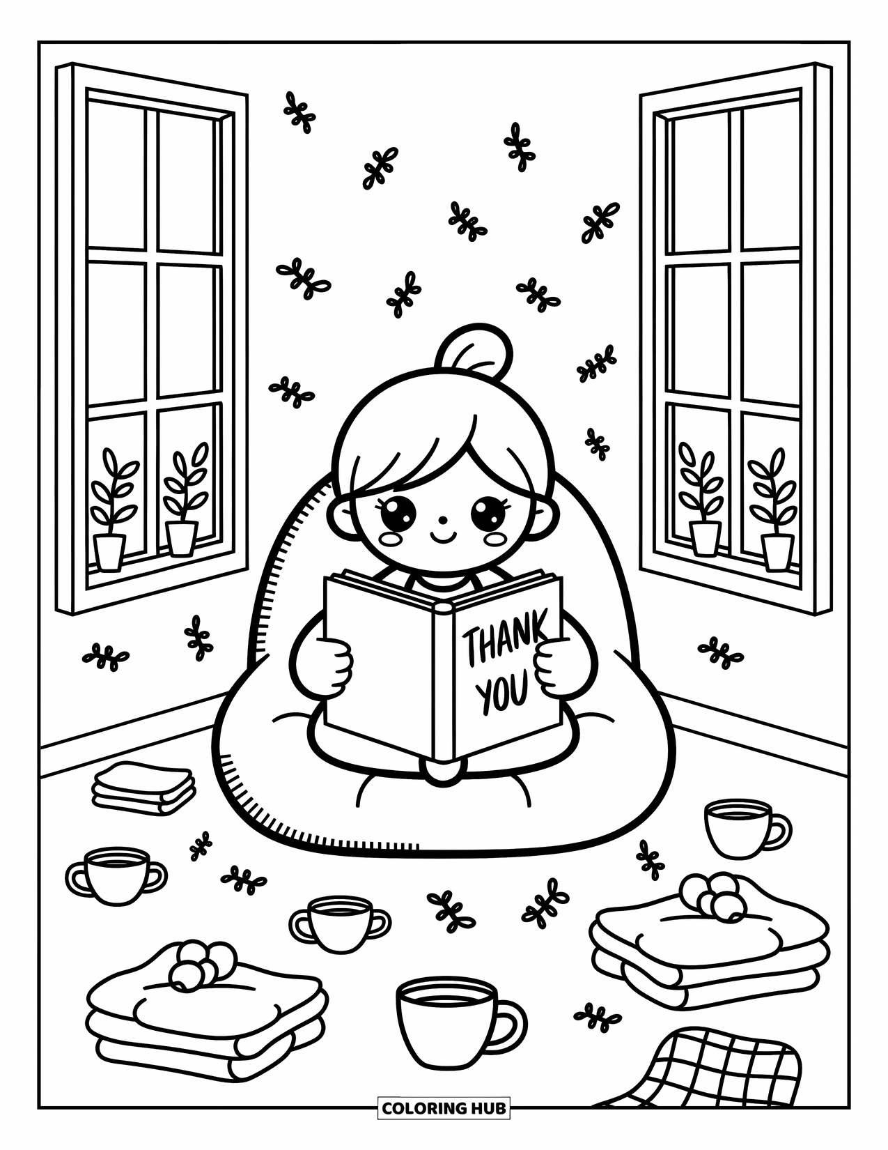 Thank You Coloring Page for Adults: A cozy scene shows a character writing "Thank You" surrounded by mugs, blankets, and soft leaves