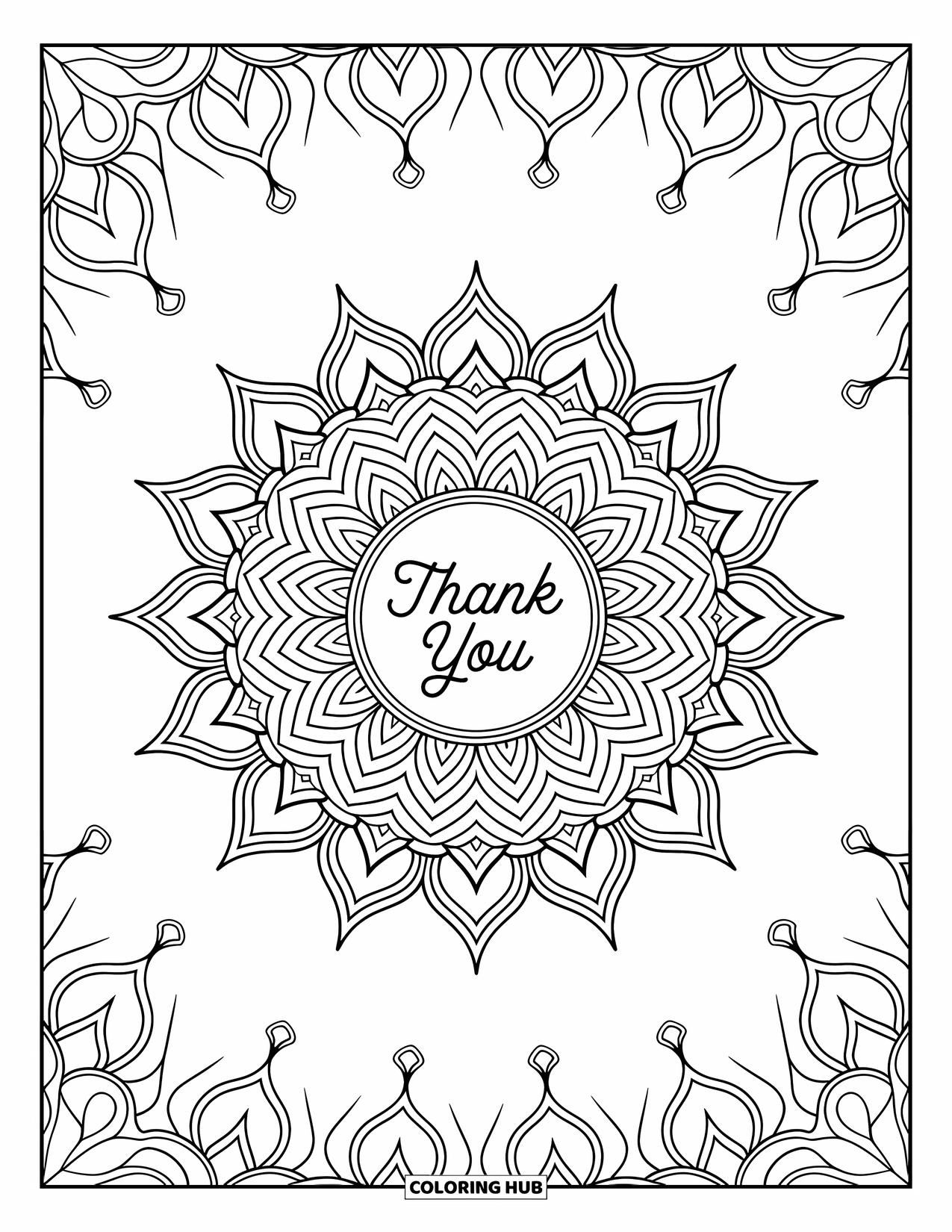 Thank You Coloring Page for Adults: A detailed mandala surrounds "Thank You" in the center, with flowing lines and elegant motifs