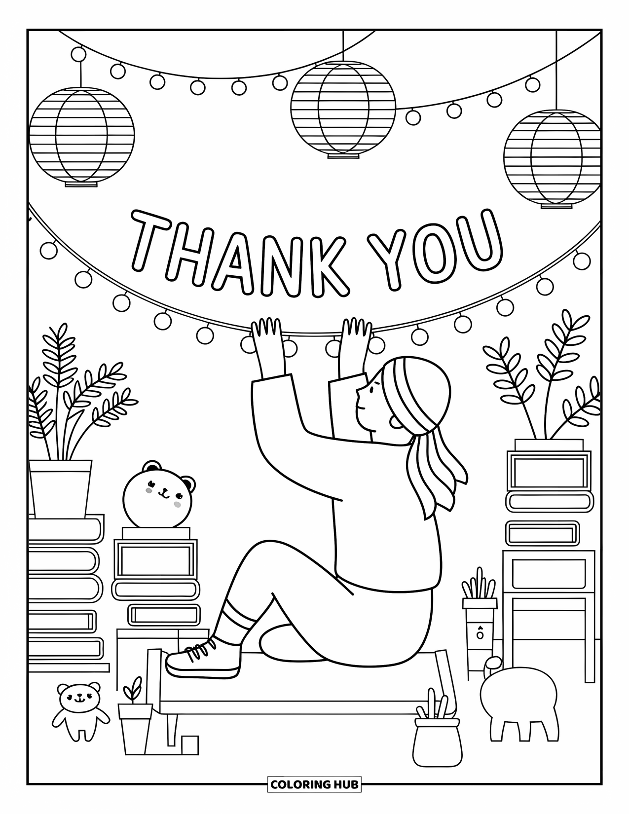 Thank You Coloring Page for Adults: A figure decorates with a "Thank You" garland surrounded by plants, lanterns, and cute doodles