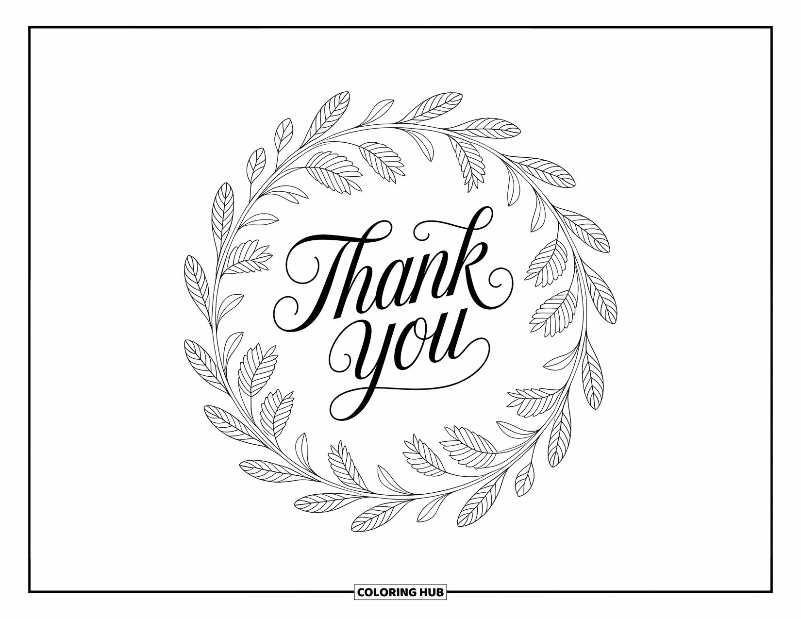 Thank You Coloring Page for Adults: A floral wreath surrounds "Thank You" in bold calligraphy with delicate patterns all around