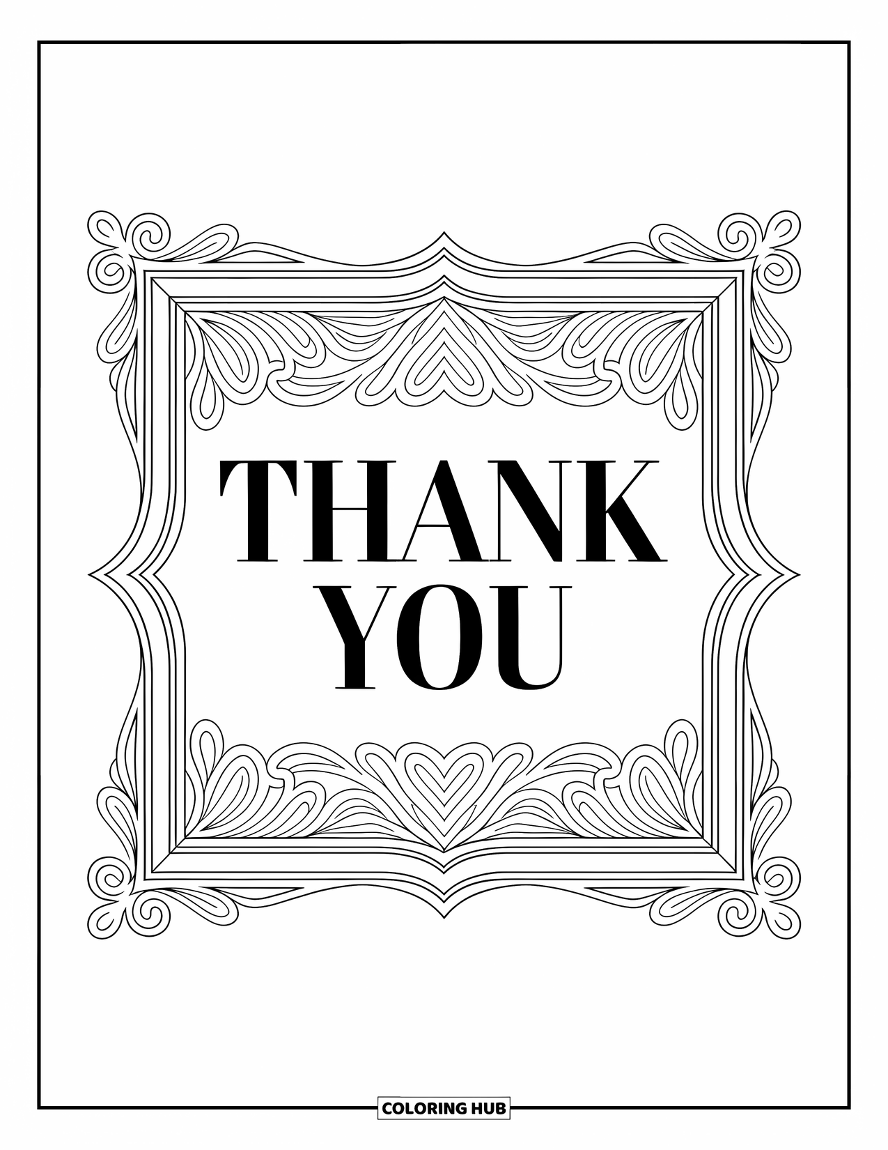 Thank You Coloring Page for Adults: A framed "Thank You" message is surrounded by ornate patterns and vintage-style filigree details
