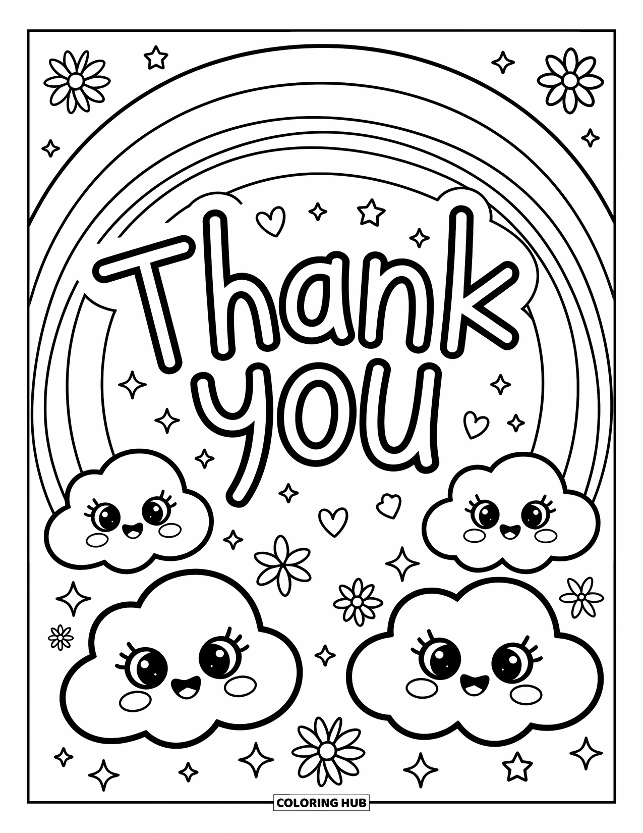 Thank You Coloring Page for Adults: A friendly rainbow-shaped "Thank You" arches above smiling clouds, stars, and floating hearts
