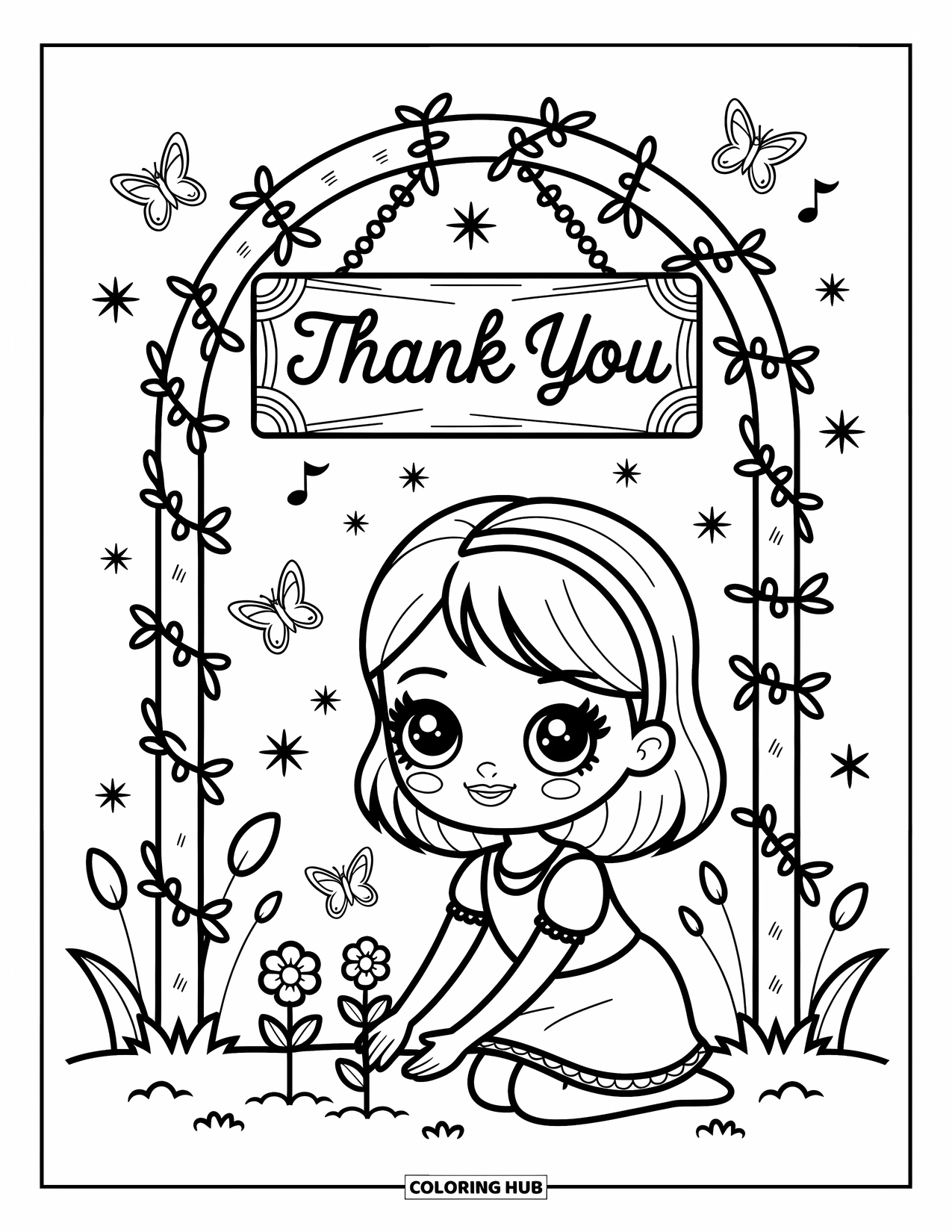 Thank You Coloring Page for Adults: A girl kneels by a garden arch planting flowers with butterflies and musical notes around