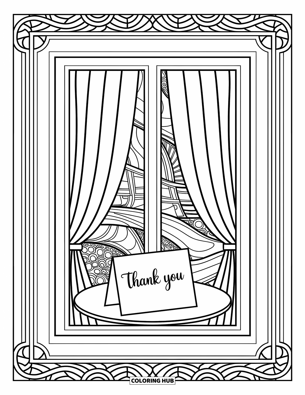 Thank You Coloring Page for Adults: A handwritten "Thank You" note rests on a table beneath open curtains and patterned walls
