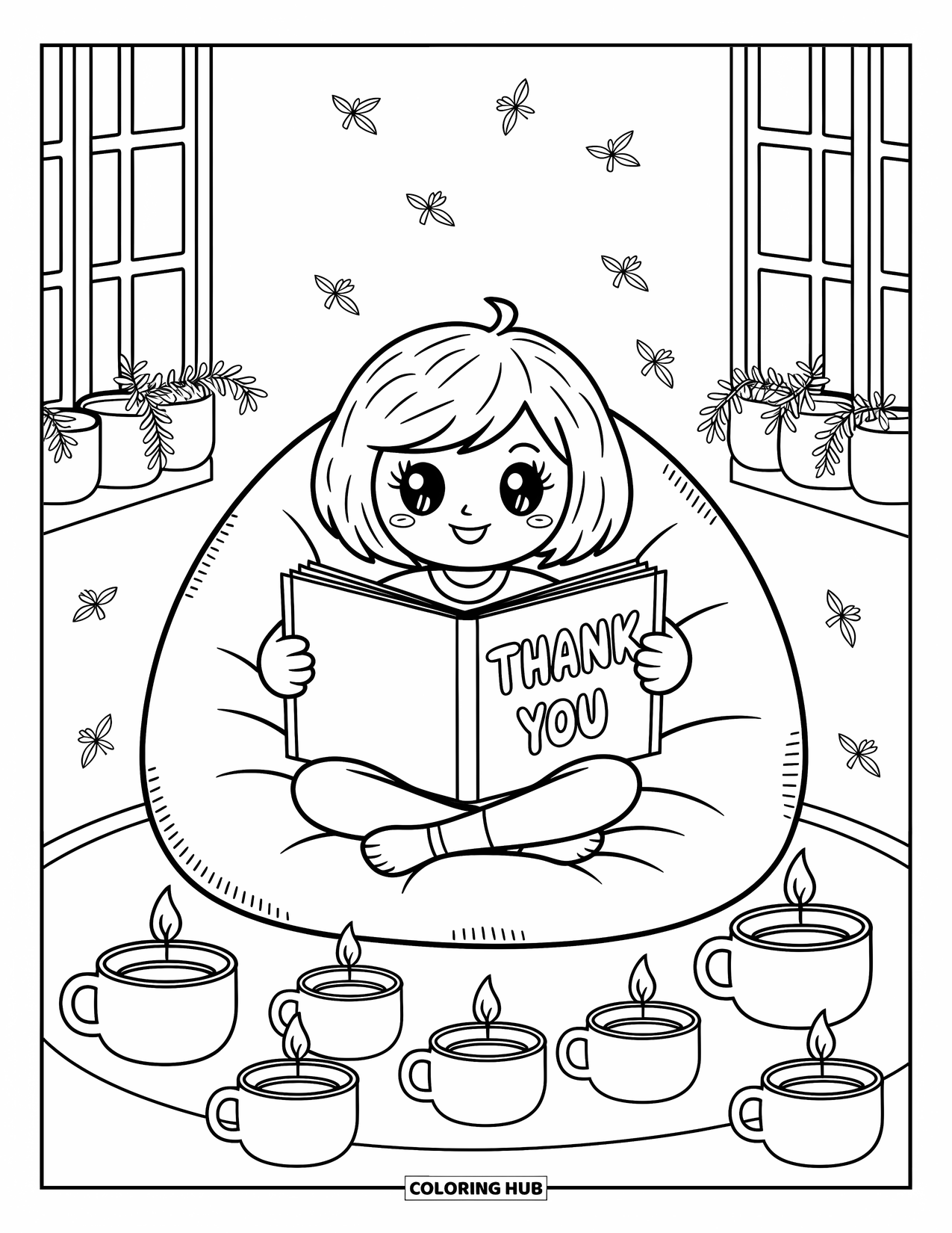 Thank You Coloring Page for Adults: A kawaii character writes "Thank You" in a sketchbook while sitting on a beanbag with tea