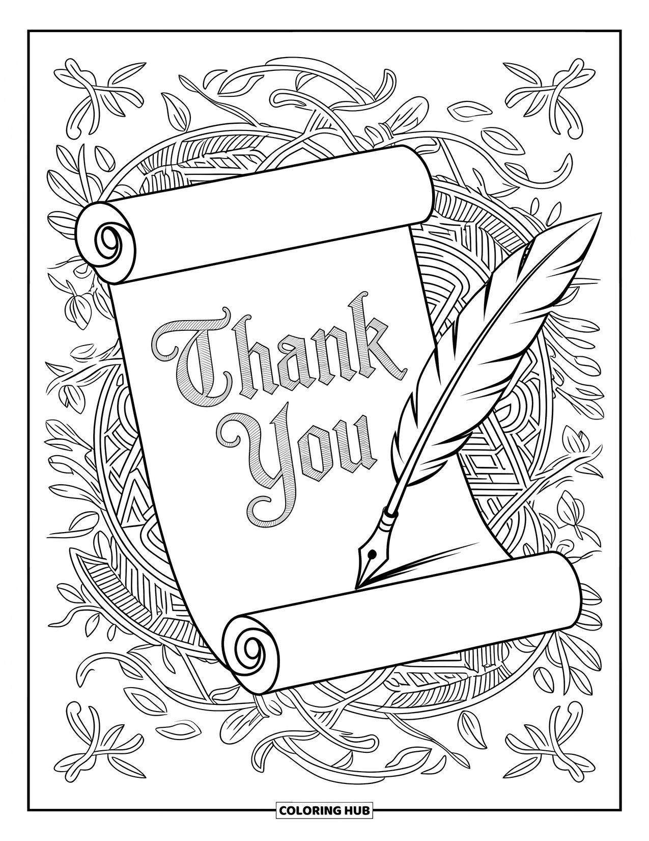 Thank You Coloring Page for Adults: A parchment scroll with "Thank You" lettering lies beside a quill and intricate vine patterns