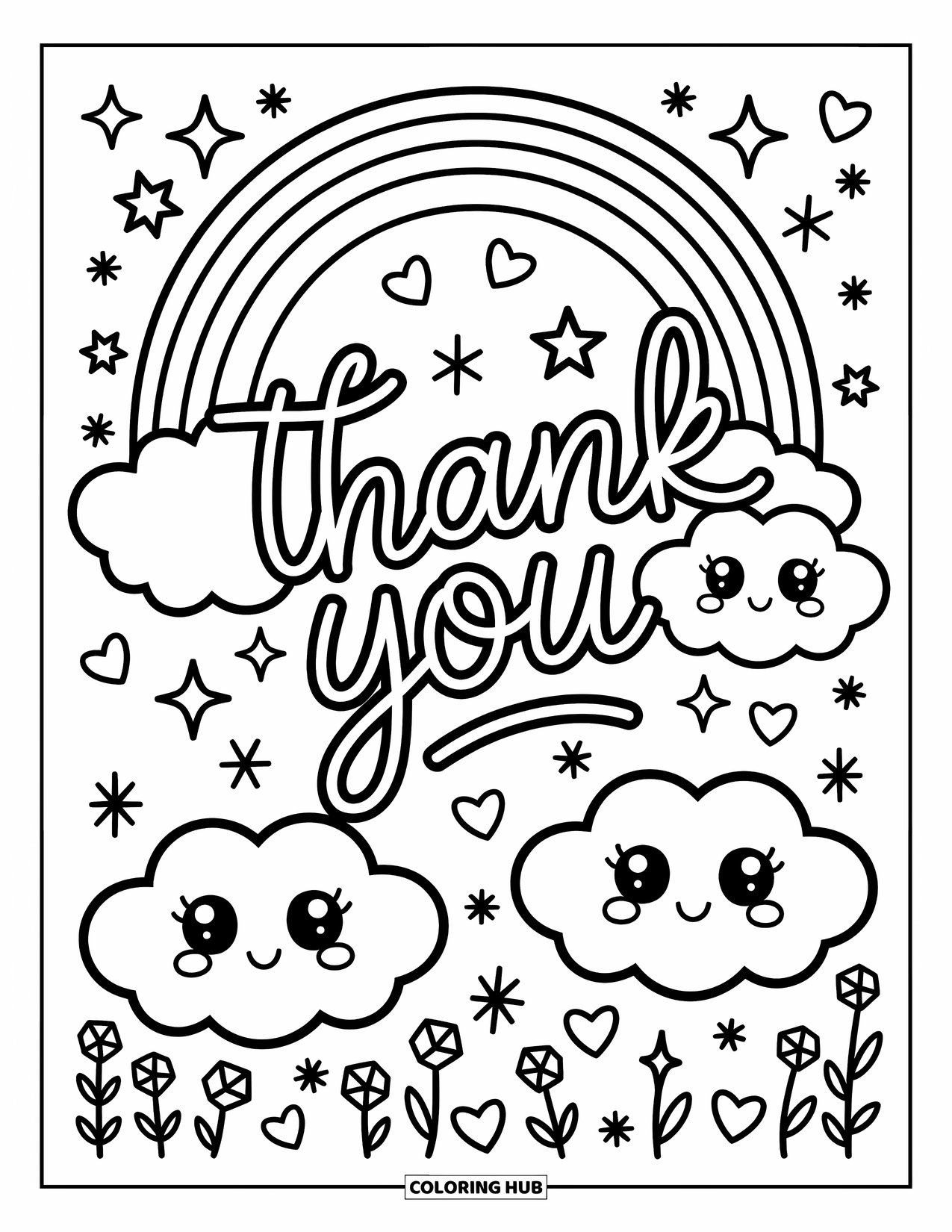 Thank You Coloring Page for Adults: A playful "Thank You" rainbow arch rests on smiling clouds with stars and hearts surrounding it