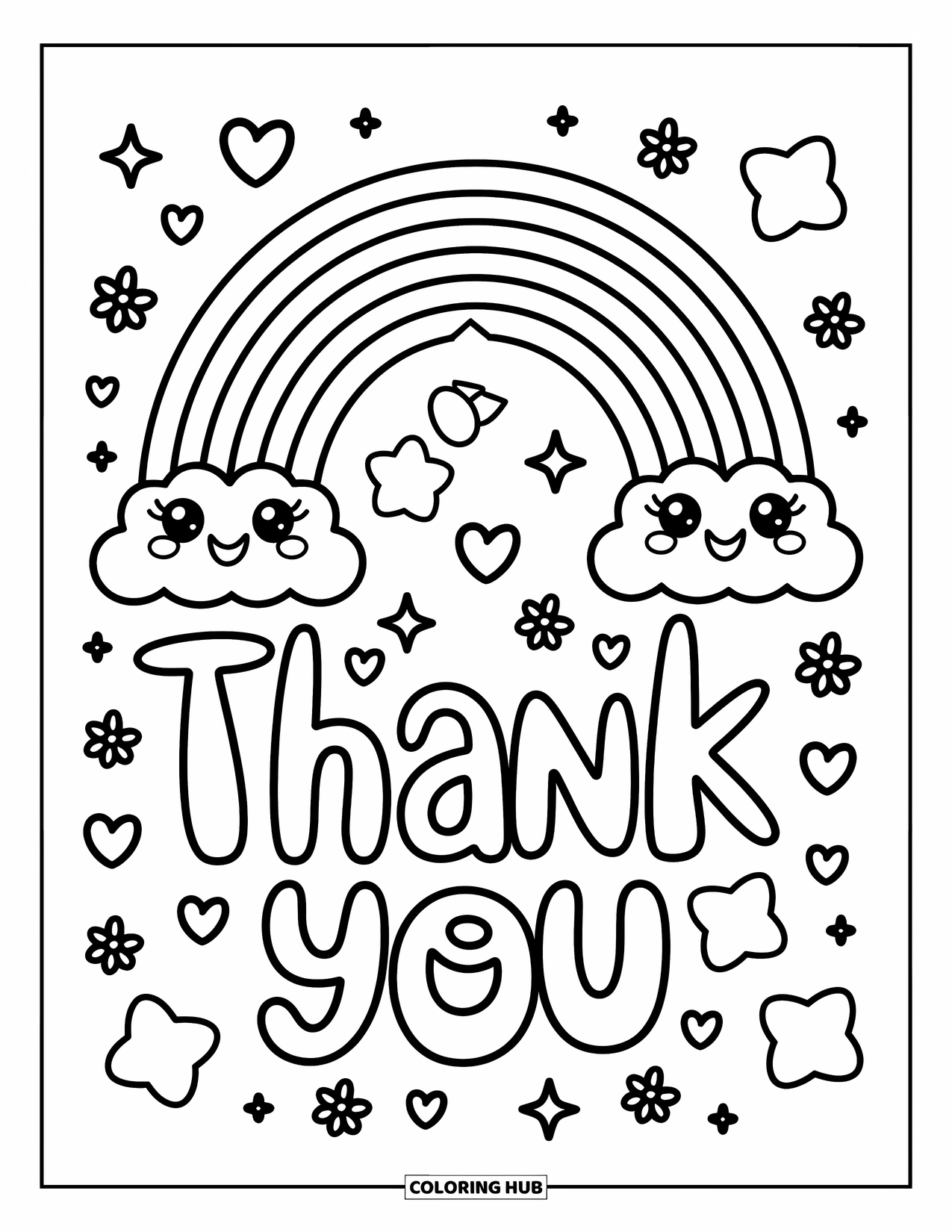 Thank You Coloring Page for Adults: A rainbow-shaped "Thank You" arches over smiling clouds, stars, hearts, and floating flowers