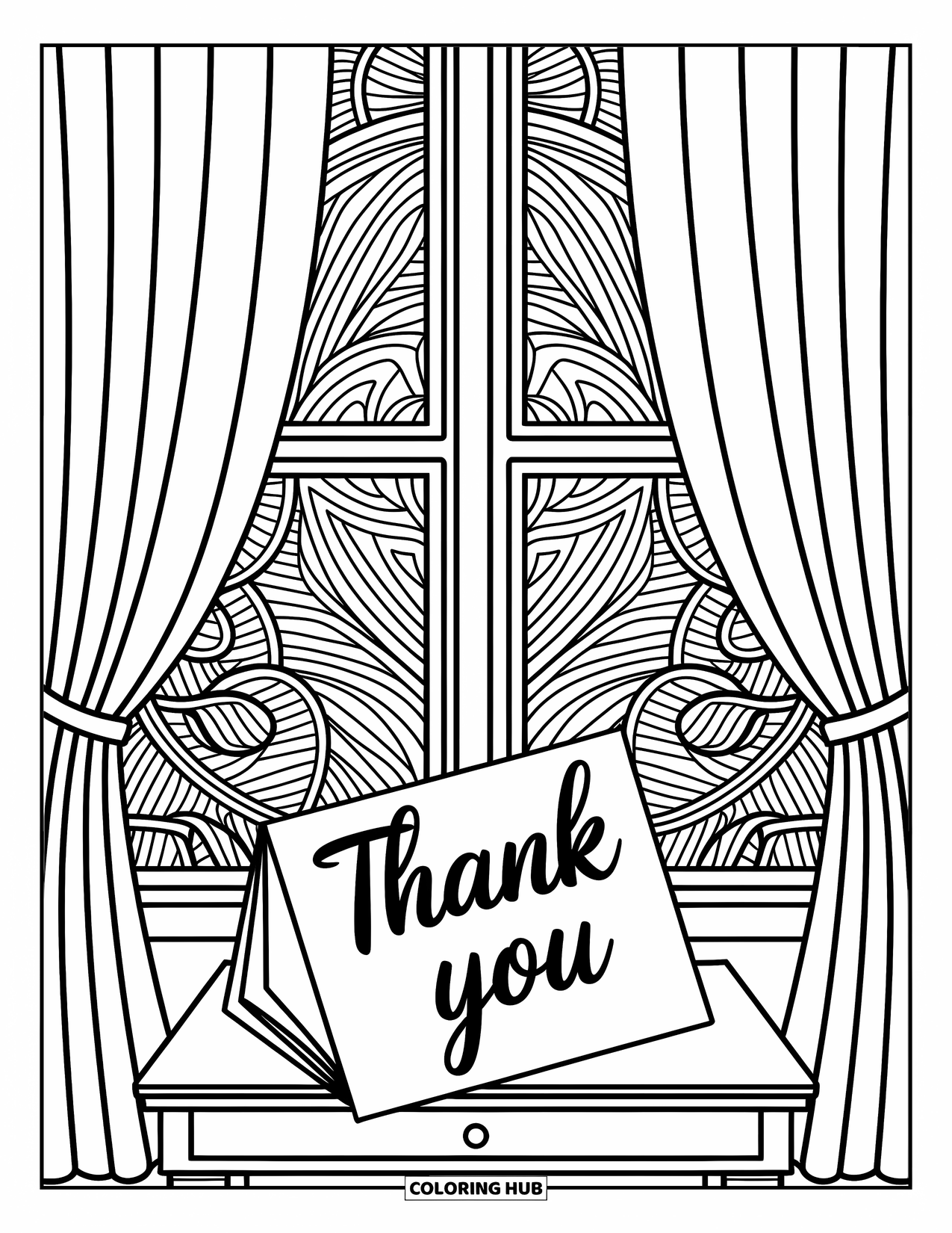 Thank You Coloring Page for Adults: A "Thank You" note lies on a table framed by curtains and detailed artistic patterns