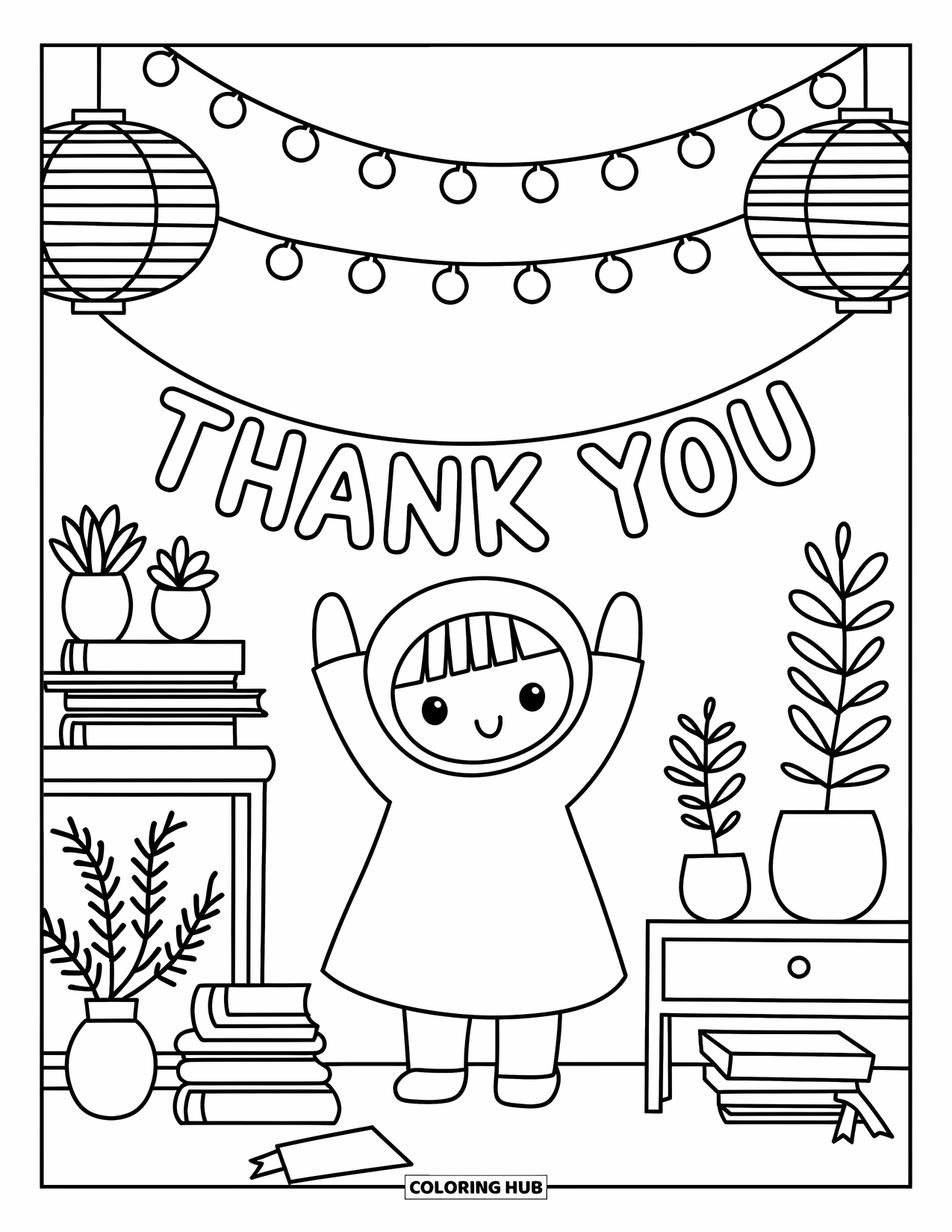 Thank You Coloring Page for Adults: A warm space with a "Thank You" garland, paper lanterns, and potted plants feels serene