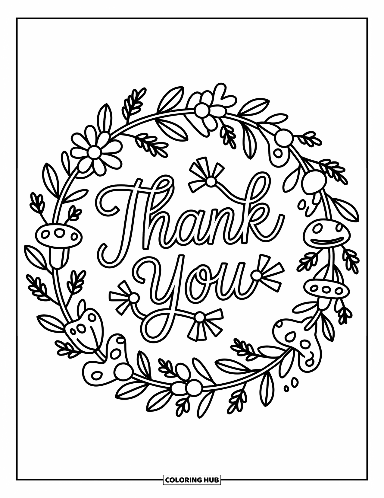 Thank You Coloring Page for Adults: A wreath of tiny flowers and vines wraps around a sweet "Thank You" message with ribbons