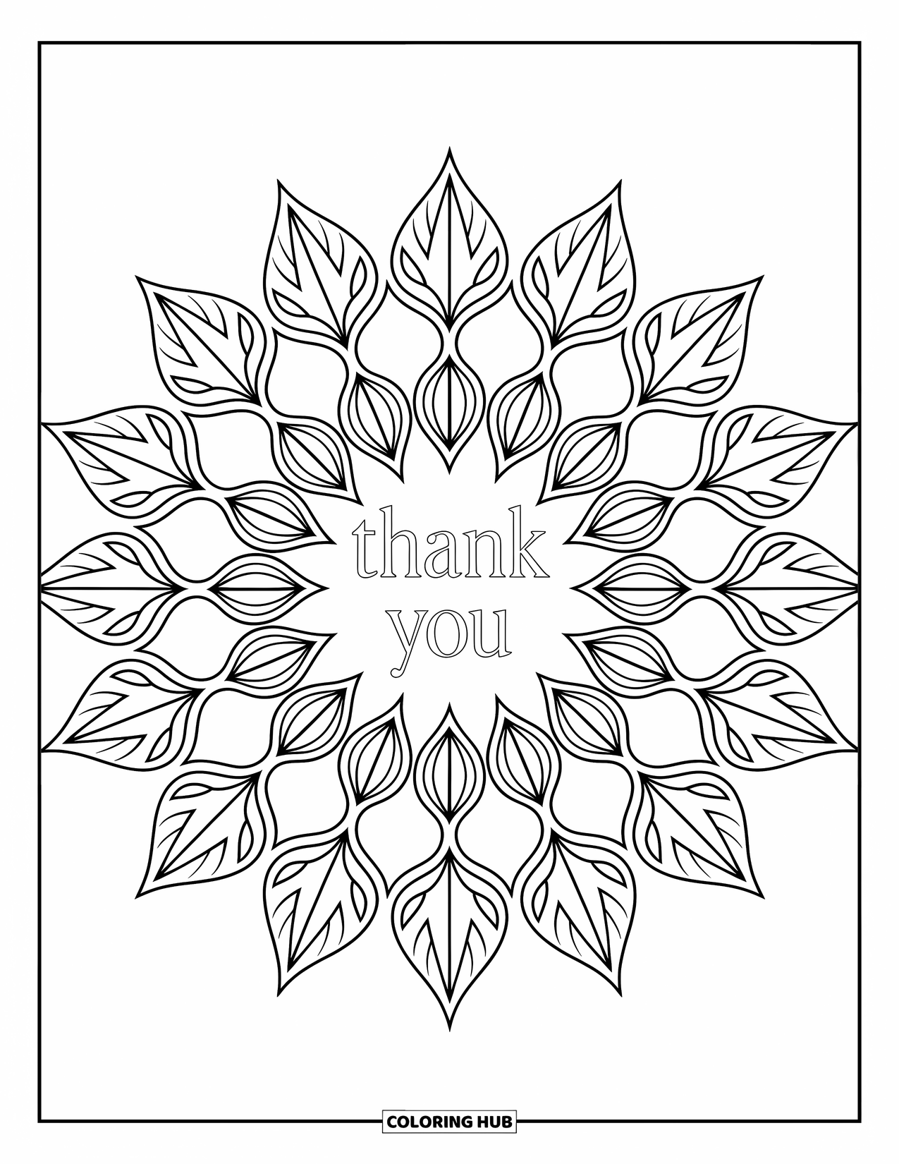 Thank You Coloring Page for Adults: An intricate mandala design features "Thank You" at its heart, surrounded by artistic details
