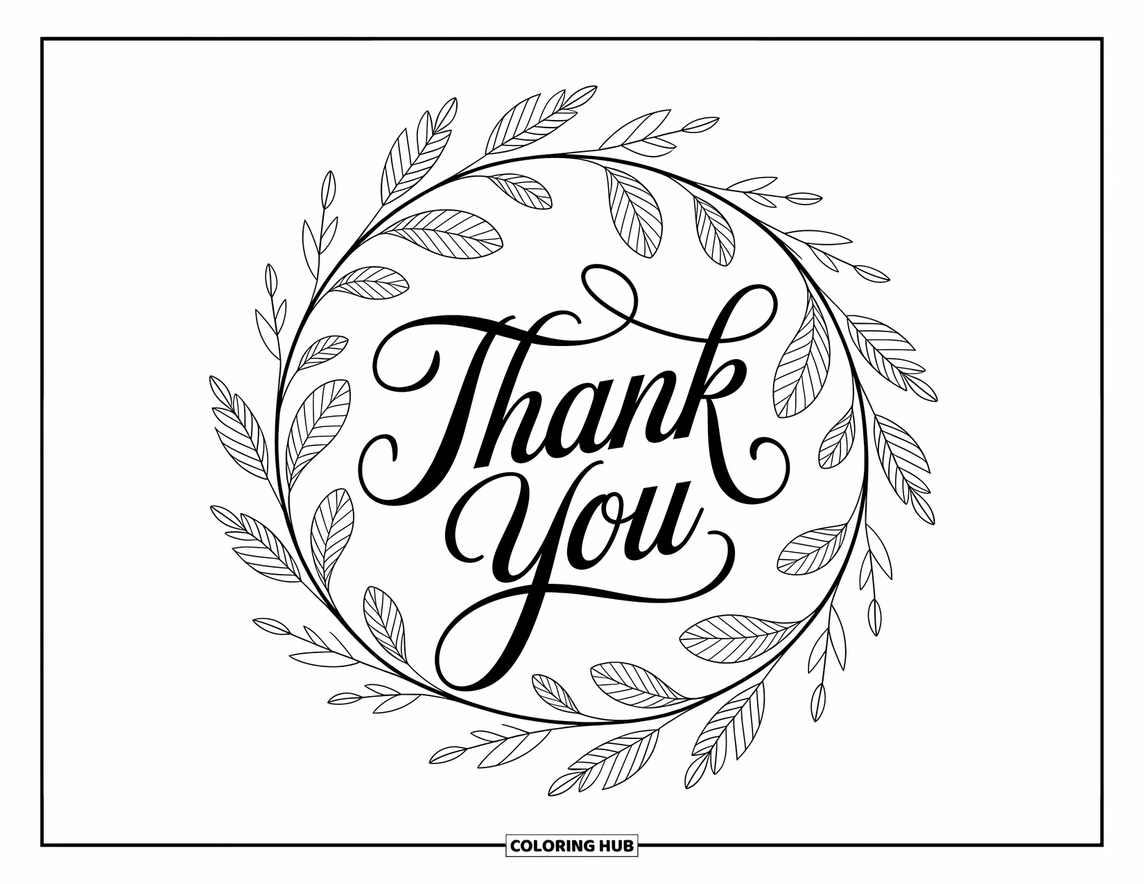 Thank You Coloring Page for Adults: An ornate floral wreath surrounds "Thank You" in elegant script, filled with intricate, soothing patterns
