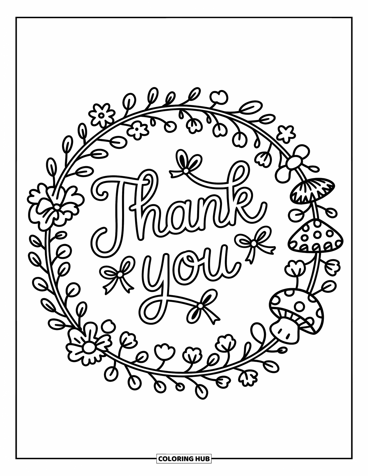 Thank You Coloring Page for Adults: Delicate flowers and mushrooms swirl around a "Thank You" message with ribbons in the center