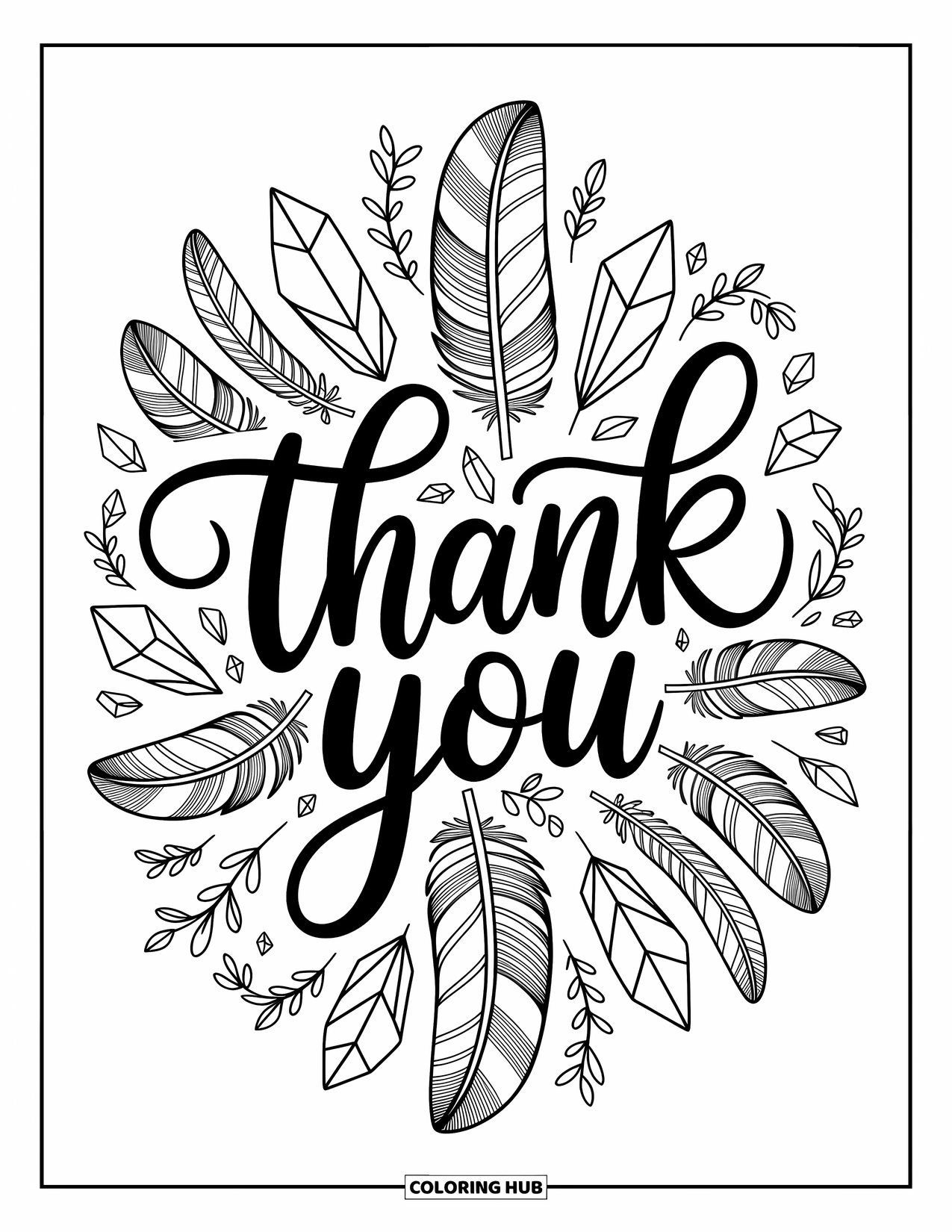 Thank You Coloring Page for Adults: Feathers, crystals, and vines swirl around "Thank You" in graceful cursive and bold outlines