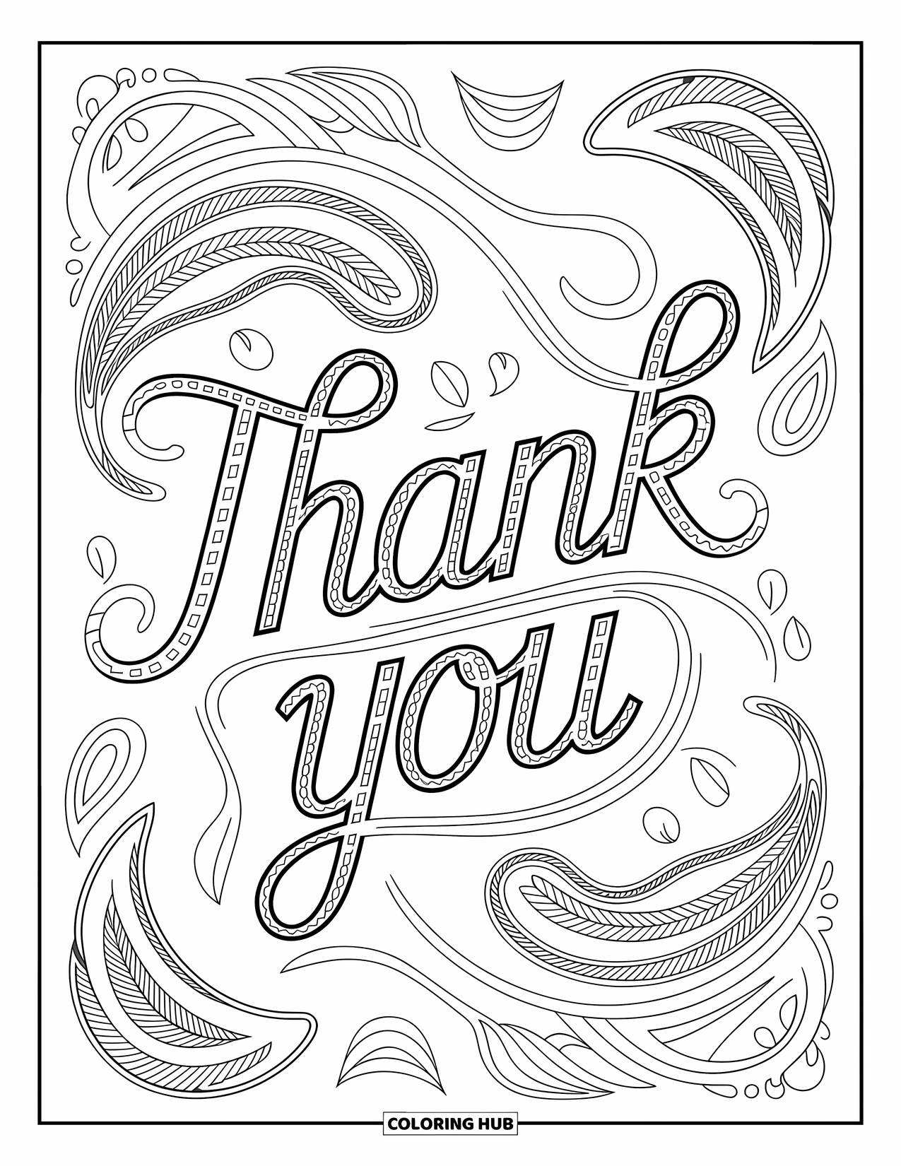 Thank You Coloring Page for Adults: Flowing paisleys and abstract shapes frame "Thank You" in a bold, elegant composition