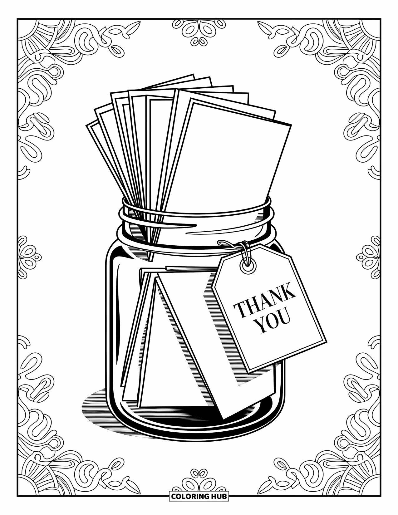 Thank You Coloring Page for Adults: Folded notes fill a jar labeled "Thank You," surrounded by intricate and calming patterns