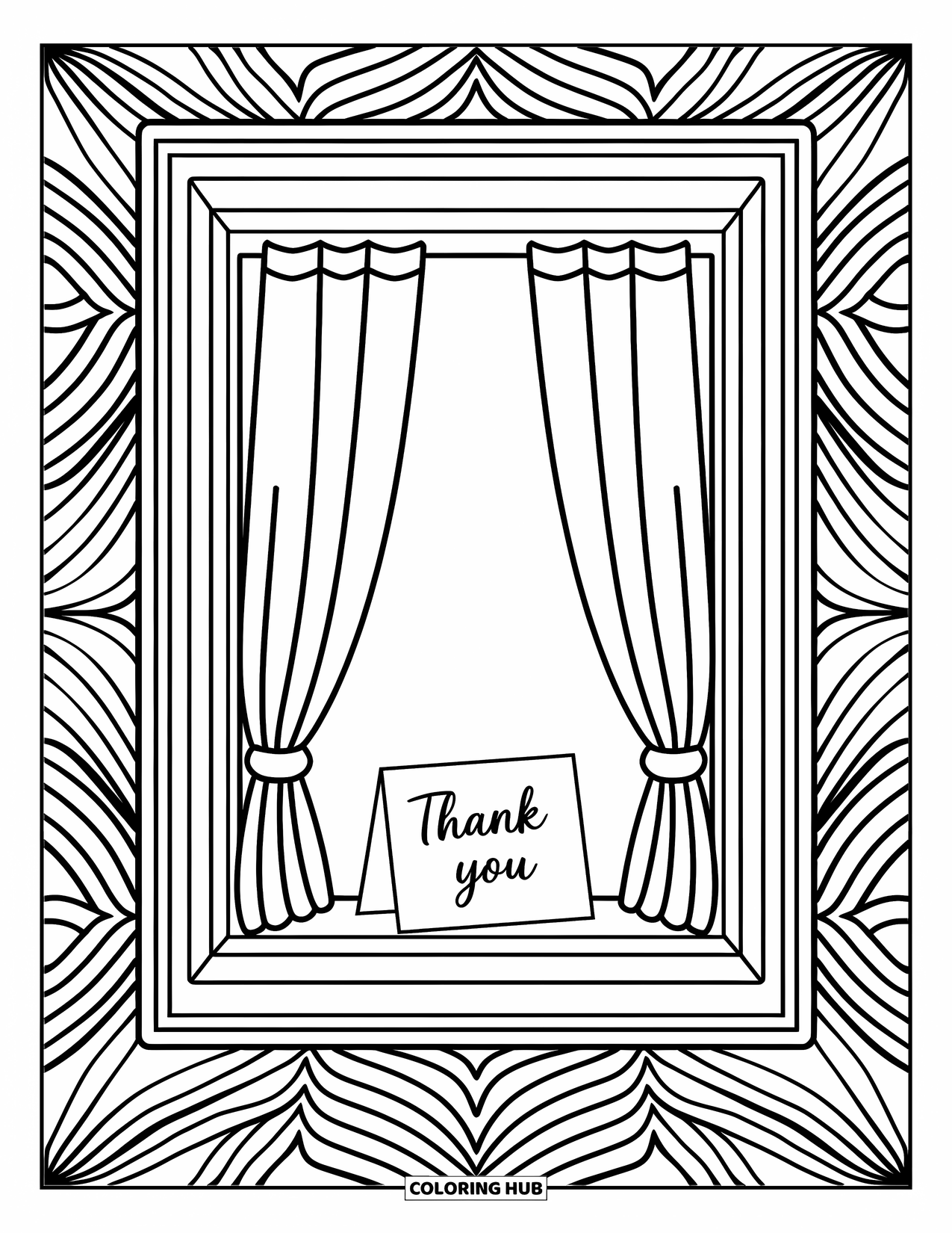 Thank You Coloring Page for Adults: Open curtains reveal a table with a "Thank You" note and intricate designs in the background