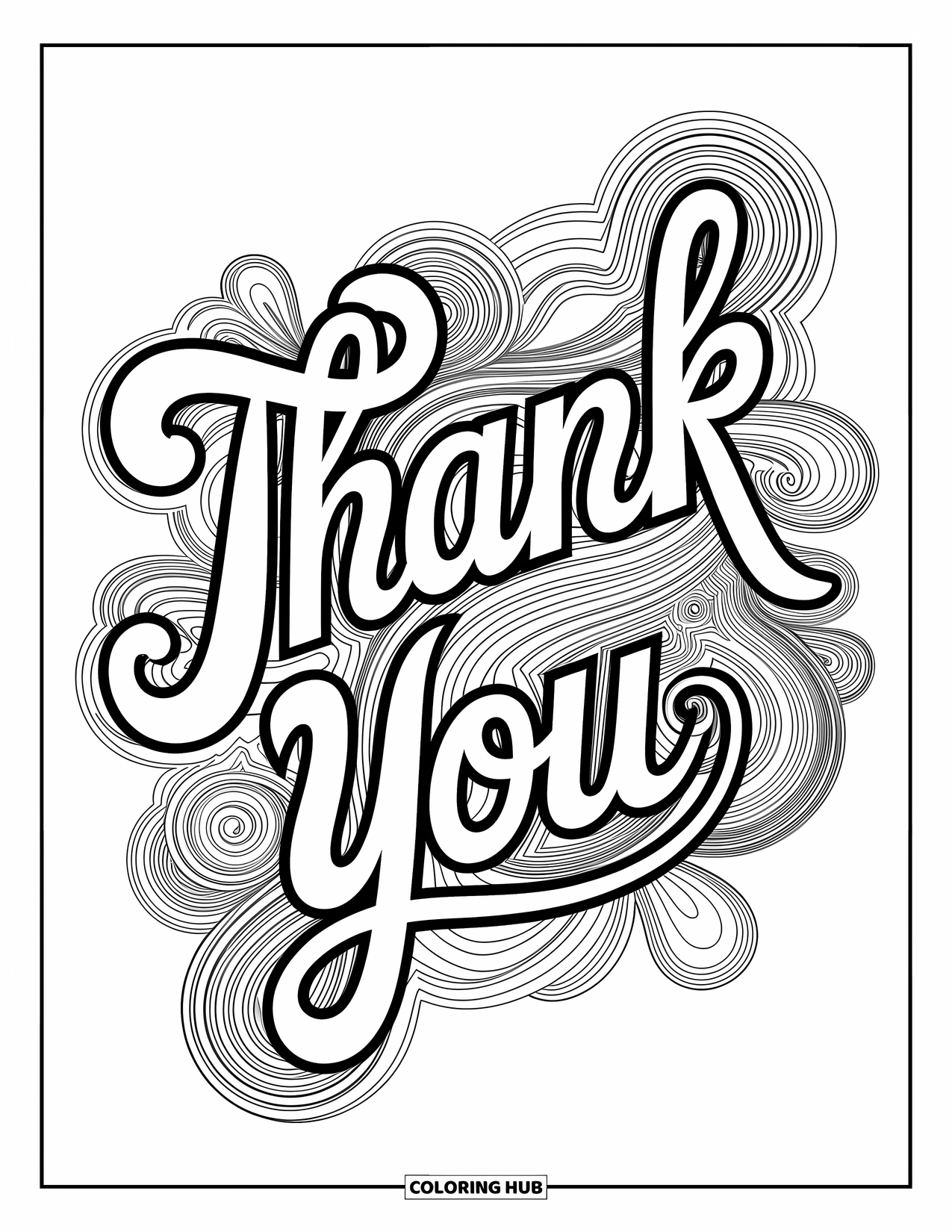 Thank You Coloring Page for Adults: Paisley patterns and abstract shapes wrap around "Thank You" in a flowing, intricate design