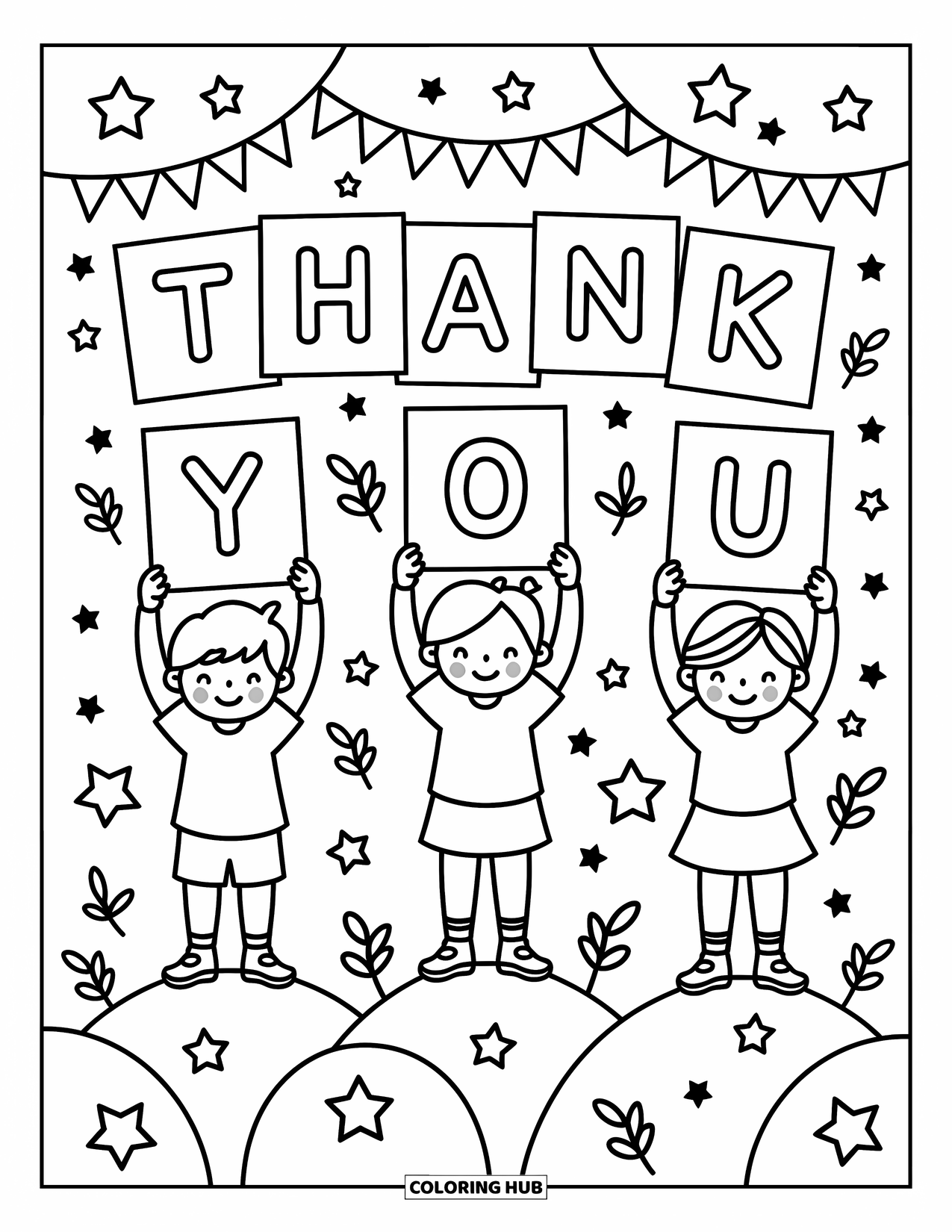 Thank You Coloring Page for Adults: Smiling kids display "Thank You" signs on gentle hills with stars and playful decorations