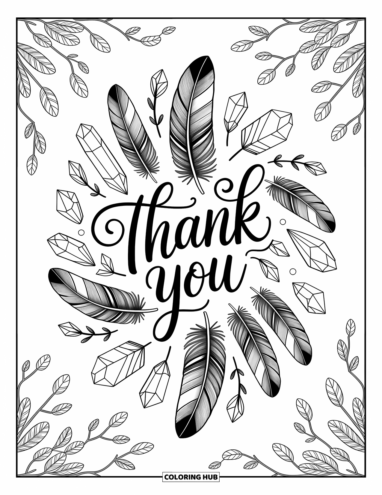 Thank You Coloring Page for Adults: "Thank You" in elegant script is framed by feathers, vines, crystals, and intricate background patterns