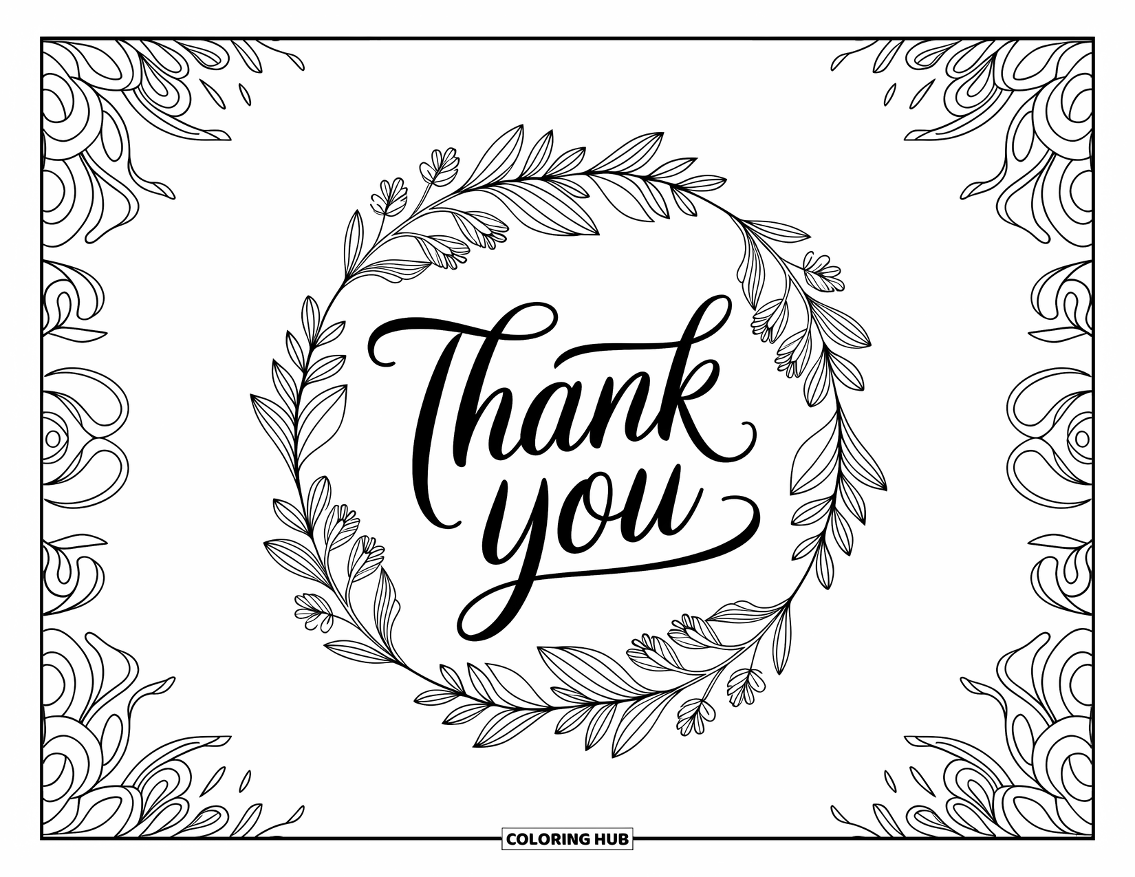 Thank You Coloring Page for Adults: "Thank You" in graceful calligraphy sits at the center of a beautifully detailed floral wreath