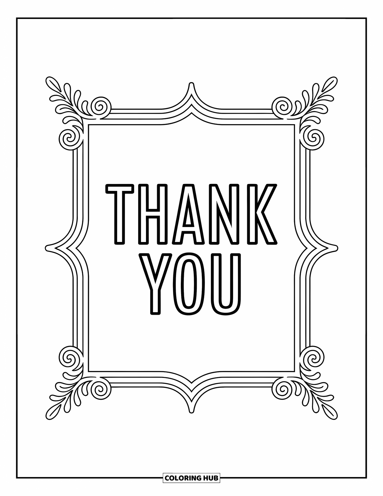 Thank You Coloring Page for Adults: "Thank You" is centered in a vintage frame with delicate patterns filling the surrounding space