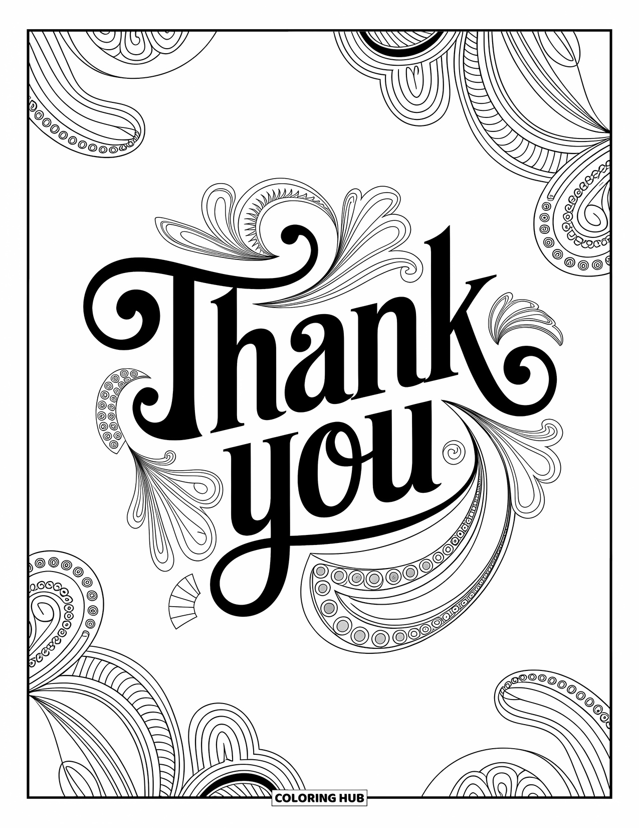 Thank You Coloring Page for Adults: "Thank You" is wrapped in paisley and abstract details with crisp lines