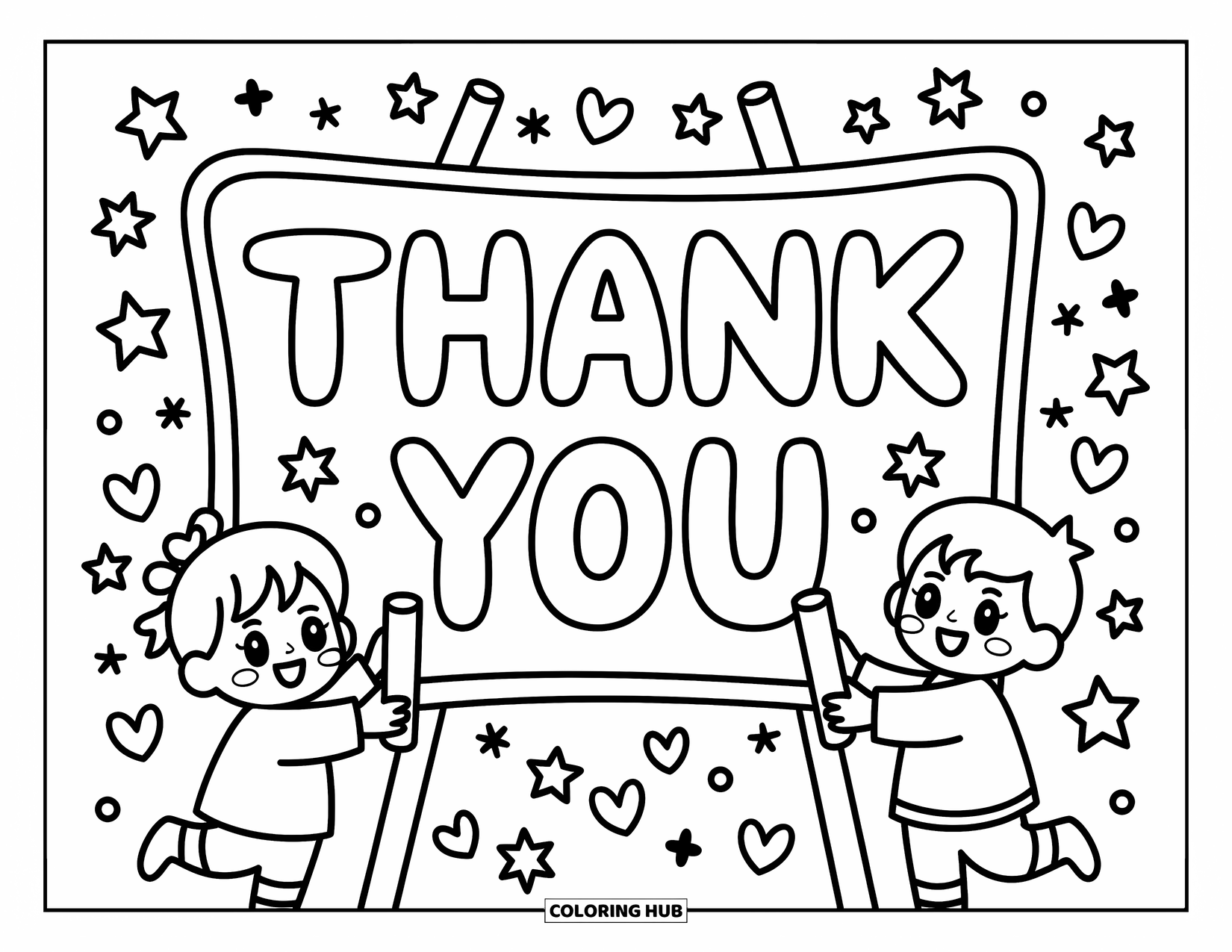 Thank You Coloring Page for Adults: "Thank You" is written on a chalkboard as two kids decorate it with doodles and smiles