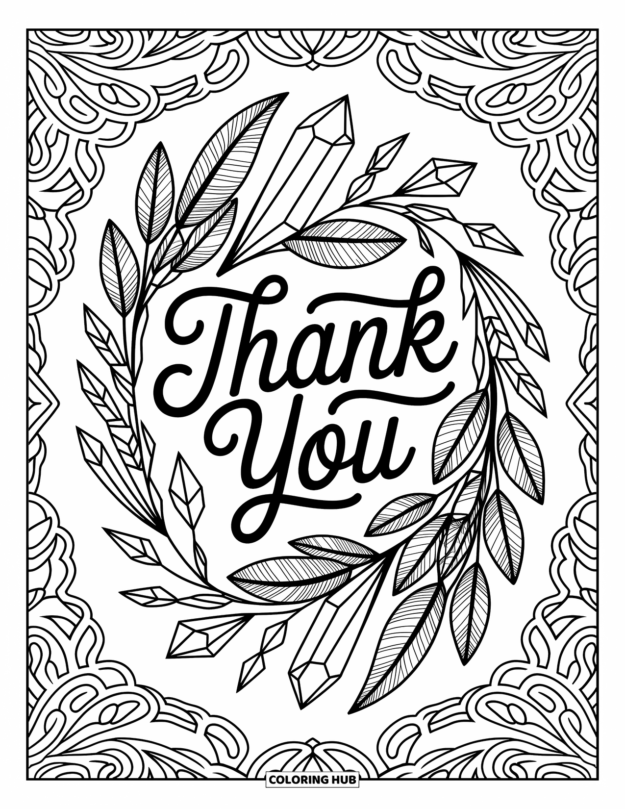 Thank You Coloring Page for Adults: "Thank You" rests within feathers and crystals, surrounded by vines and artistic detailed designs