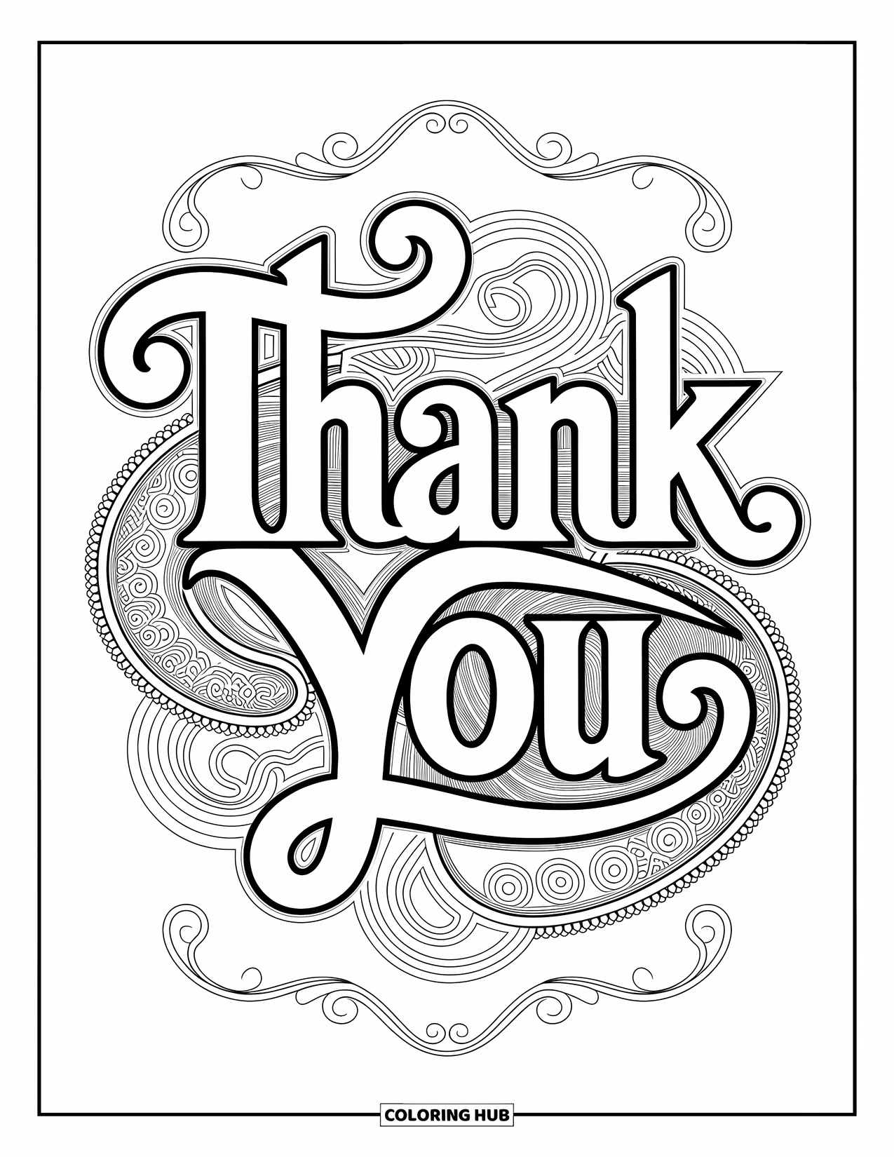 Thank You Coloring Page for Adults: "Thank You" rests within paisley swirls and detailed patterns framed by a decorative border