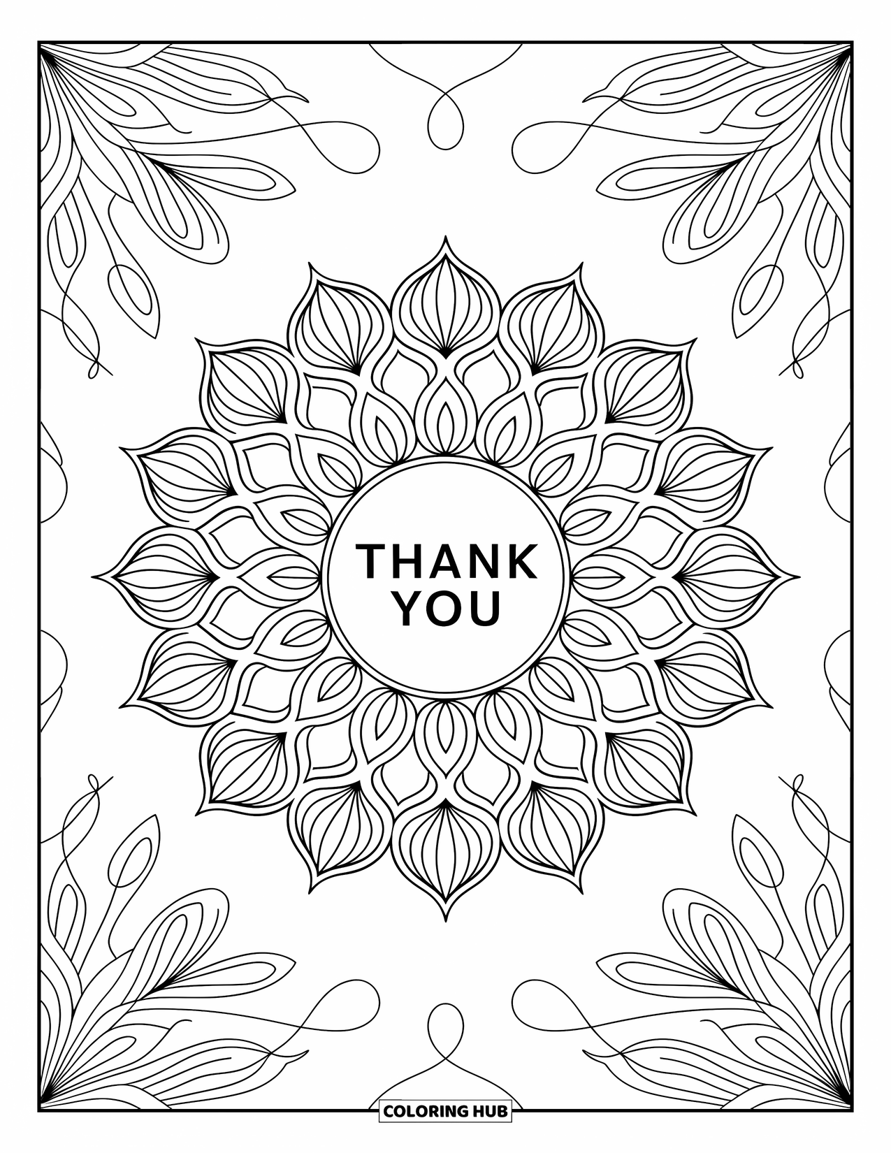 Thank You Coloring Page for Adults: "Thank You" sits at the center of a mandala filled with swirling, intricate patterns